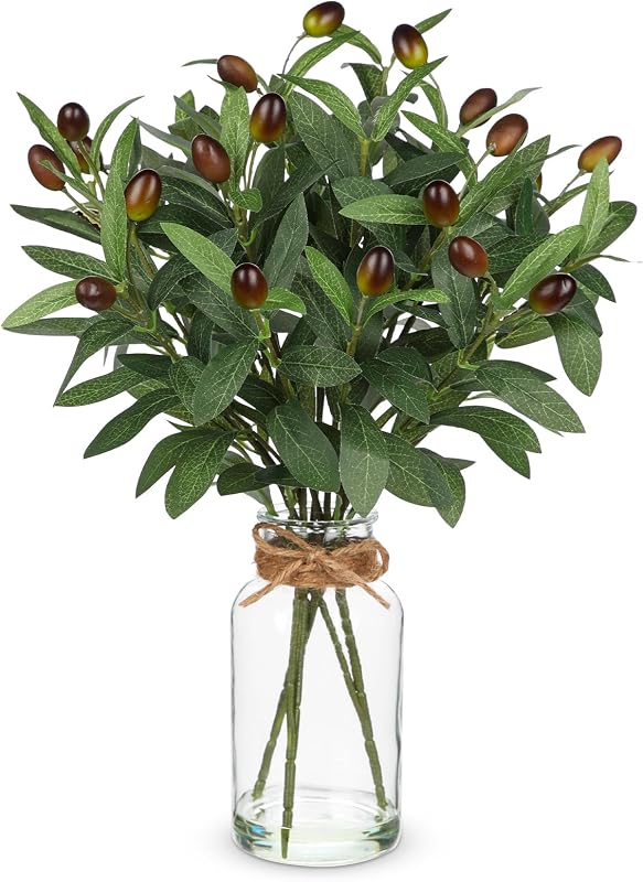 Artificial Olive Branch in Glass Vase with Faux Water 15.7" Fake Plants Olive Leaves Stems for Indoor Shelf Desk Home Bathroom Wedding Table Centerpiece Decor