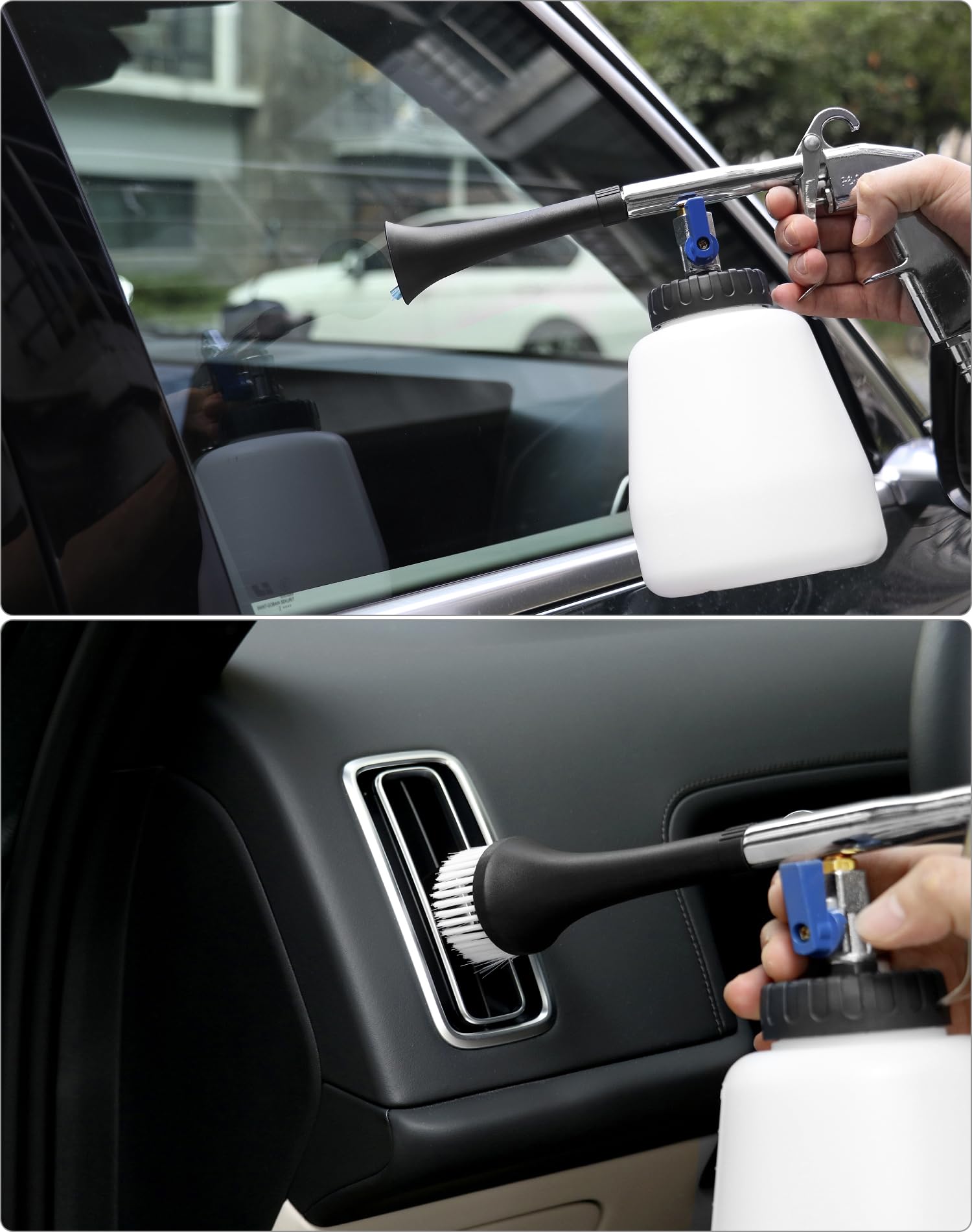 QWORK® Pistolet Nettoyage Voiture 6.5-9.2Bar, Pistolet de Nettoyage à air comprimé avec Bouteille en Mousse et Brosse, pour intérieurs de Voiture