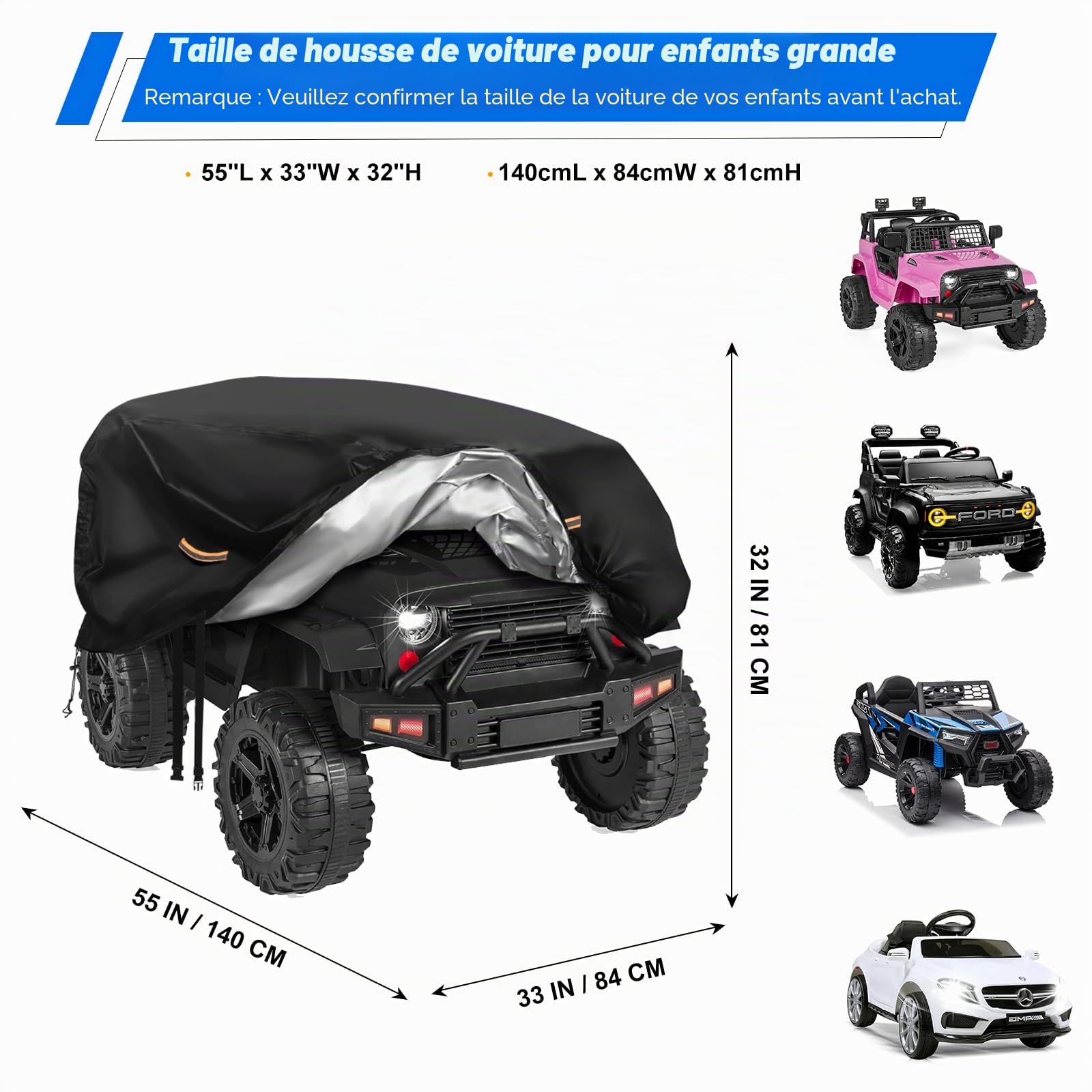 Housse de voiture électrique imperméable 900D pour enfants - Étanche - Boucle coupe-vent - Bande réfléchissante - Grande housse universelle pour jouets - Anti-UV, pluie, poussière - Protection contre