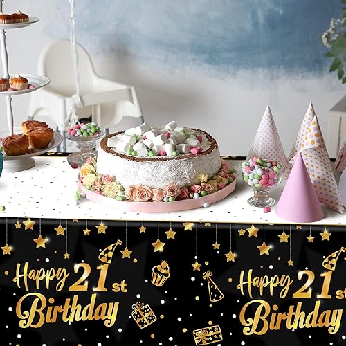 Miniatura 5 de Ruisita Paquete de 2 manteles rectangulares de color negro y dorado para fiestas de cumpleaños 21, manteles de fiesta de cumpleaños en interiores o