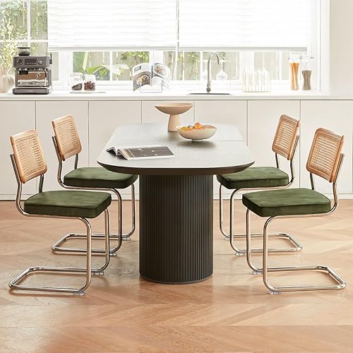 Miniatura 3 de Juego de 4 sillas de comedor de ratán verde, sillas de cocina modernas de madera de mediados de siglo, silla de comedor de caña trasera de malla,