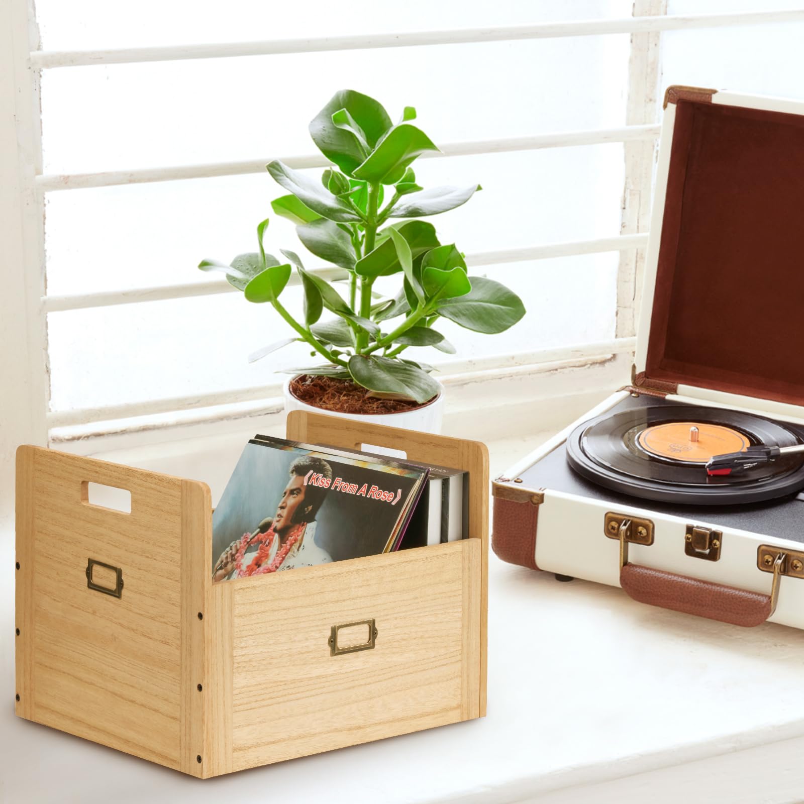 KIRIGEN Boîte de rangement pour vinyles Boîte de rangement en bois pouvant contenir jusqu'à 80 disques vinyles couleur naturelle