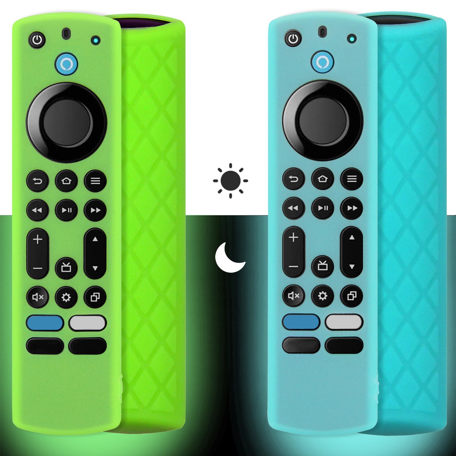Pinowu Silicone Remote Case (2pcs, Glow in the Dark) for Firestick 4K Max/Hisense/Toshiba/Insignia/Pioneer/Omni (QLED) Series Alexa Voice Remote Enhanced w/Lanyard (Green + Turquoise)