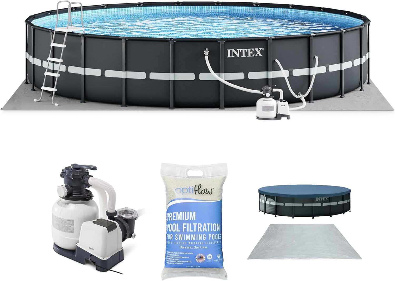 Intex Above Ground Swimming Pool Set, Ultra XTR 18' x 52" Round Frame Bundled with OptiFlow Premium Pure Silica Filter Pool Sand, 50 lb Bag