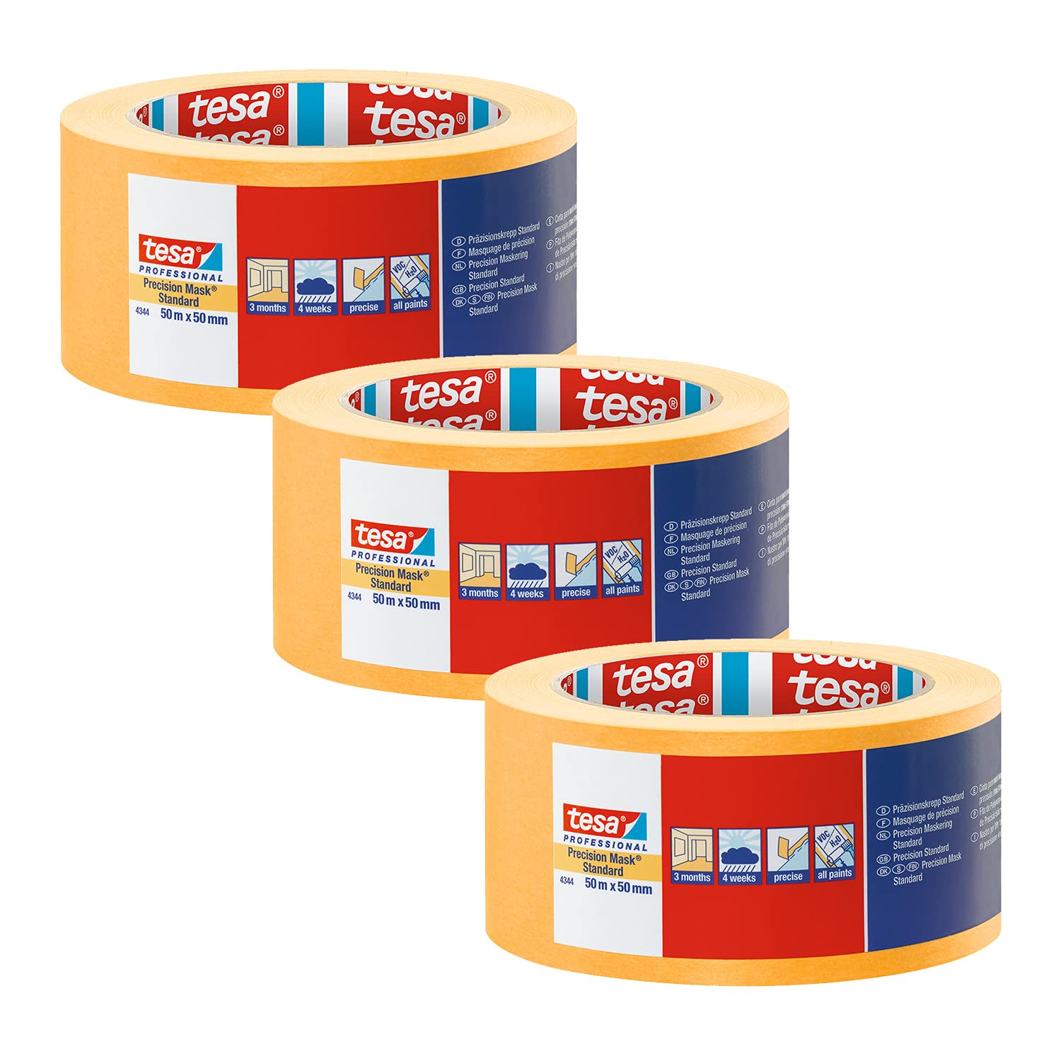 tesa 4334-00004-00 Precision Indoor-Razor Sharp Edge Masking Tape for Painting and Decorating, Residue Free Removal, 50 m x 50 mm, 50mm