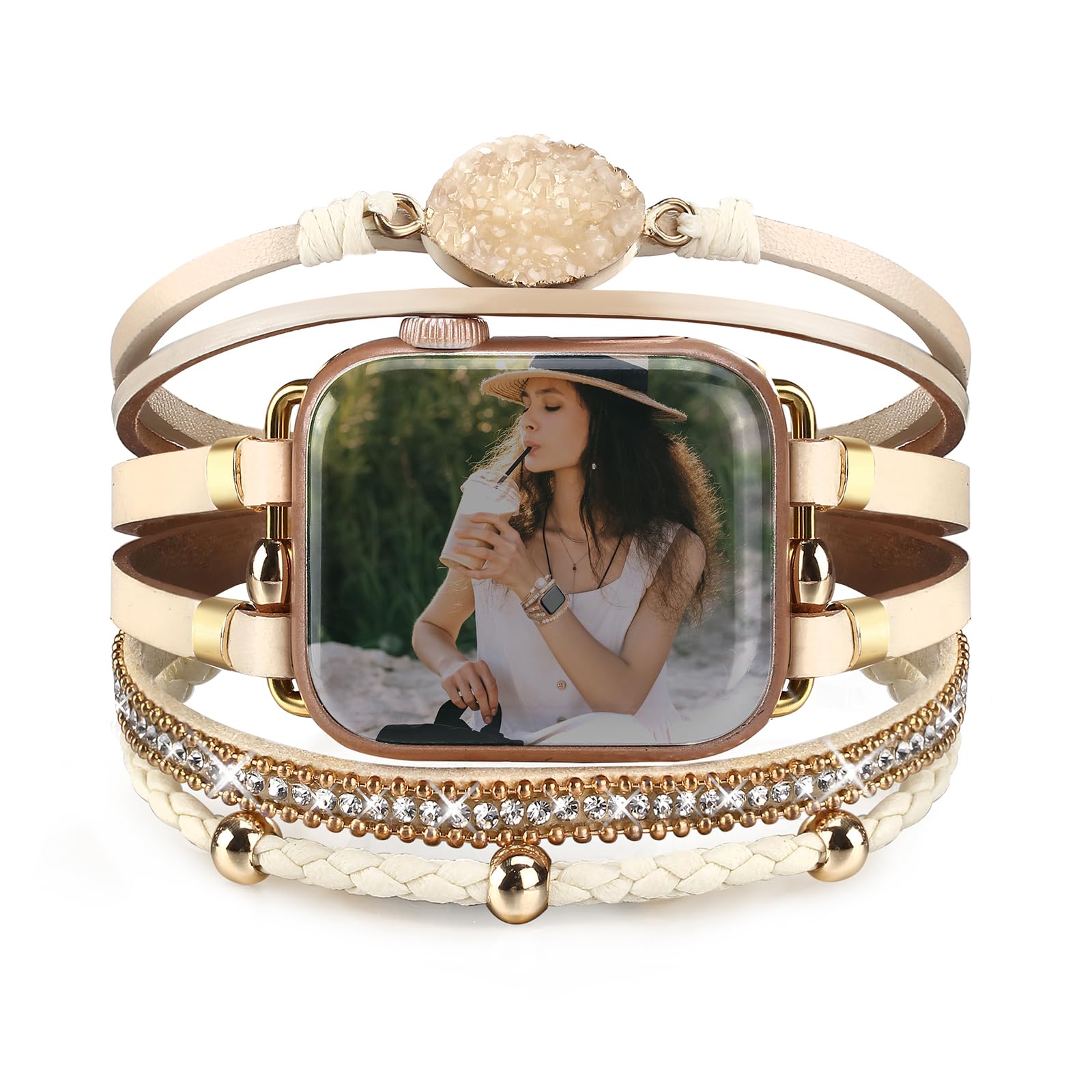 CHARMINGO Boho Leather Bracelet Compatible with Apple Watch Band 38mm 40mm 41mm 42mm 44mm 45mm 49mm Series 9 8 7 6 SE Ultra Cute Multilayer Wrap Apple Watch for Strap iWatch Band Series 5 4 3 2 1