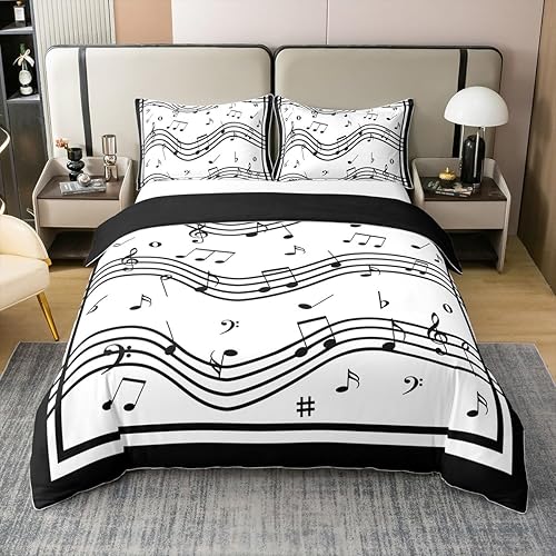 Miniatura 11 de Juego de ropa de cama tamaño King 100% algodón con notas musicales de piano y clave musical, juego de ropa de cama para niños y niñas, diseño retro