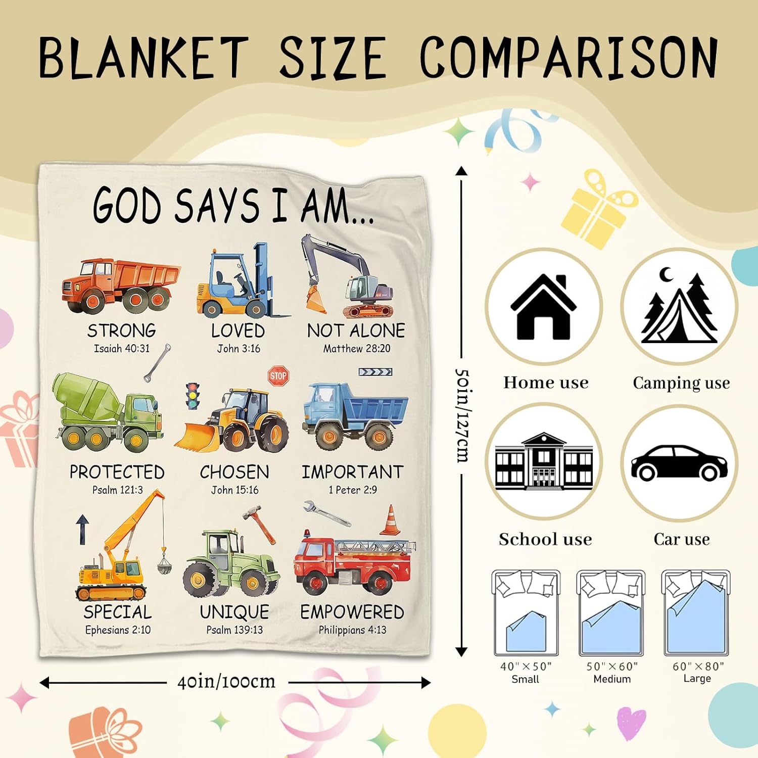 Christian Gifts for Boys, God Says I Am Construction Truck Blanket 40"x50", Inspirational Religious Birthday Gifts for Truck Lover Bible Verse Blanket, Construction truck gifts, Christian truck Gifts - Image 7