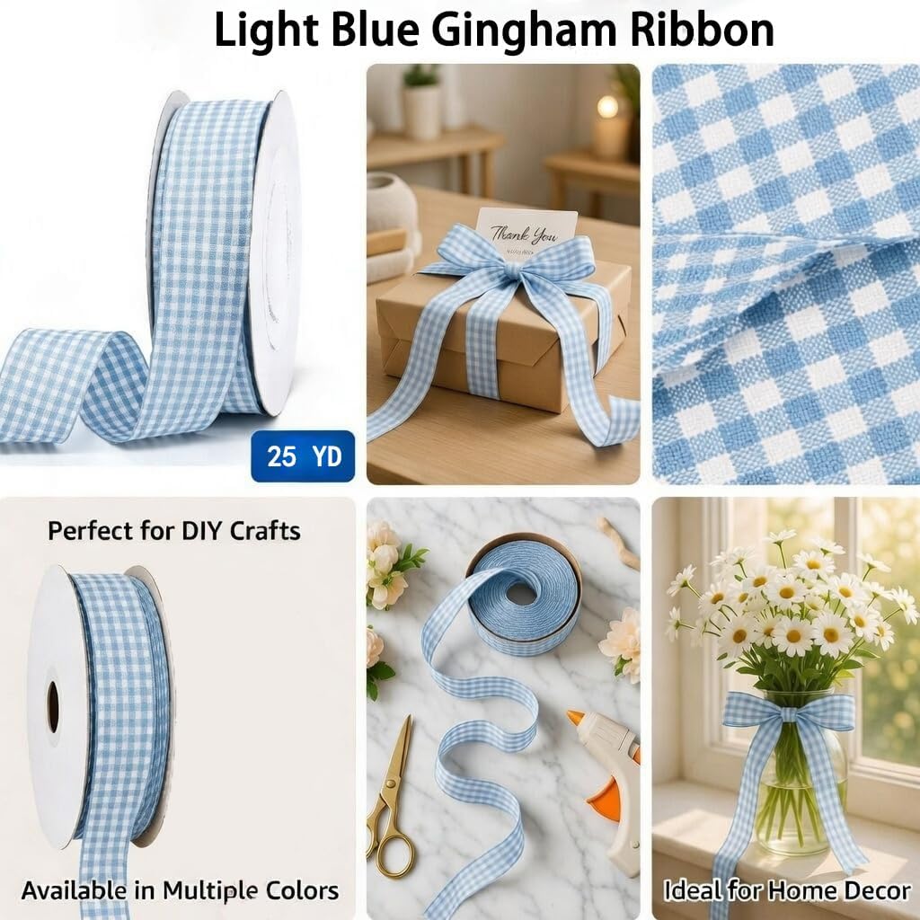 Gingham Ribbon1-Inch Checkered Ribbon Wide Taffeta Plaid Ribbon 25 Yard Roll Assorted Spring Easter Plaid Ribbon for Crafts Gift Wrapping (Light Blue)