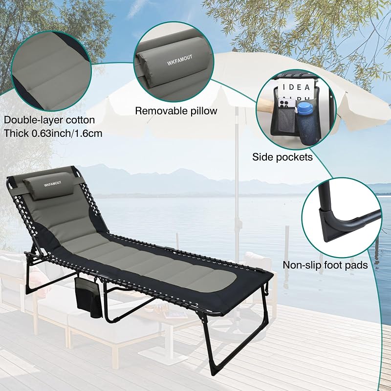 WKFAMOUT Outdoor Folding Lounge Chair Padded for Adults 264Ibs Patio Chaise Lounge Chair for Outside 5-Position Adjustable Reclining Beach Chair with Pillow Pocket image 5