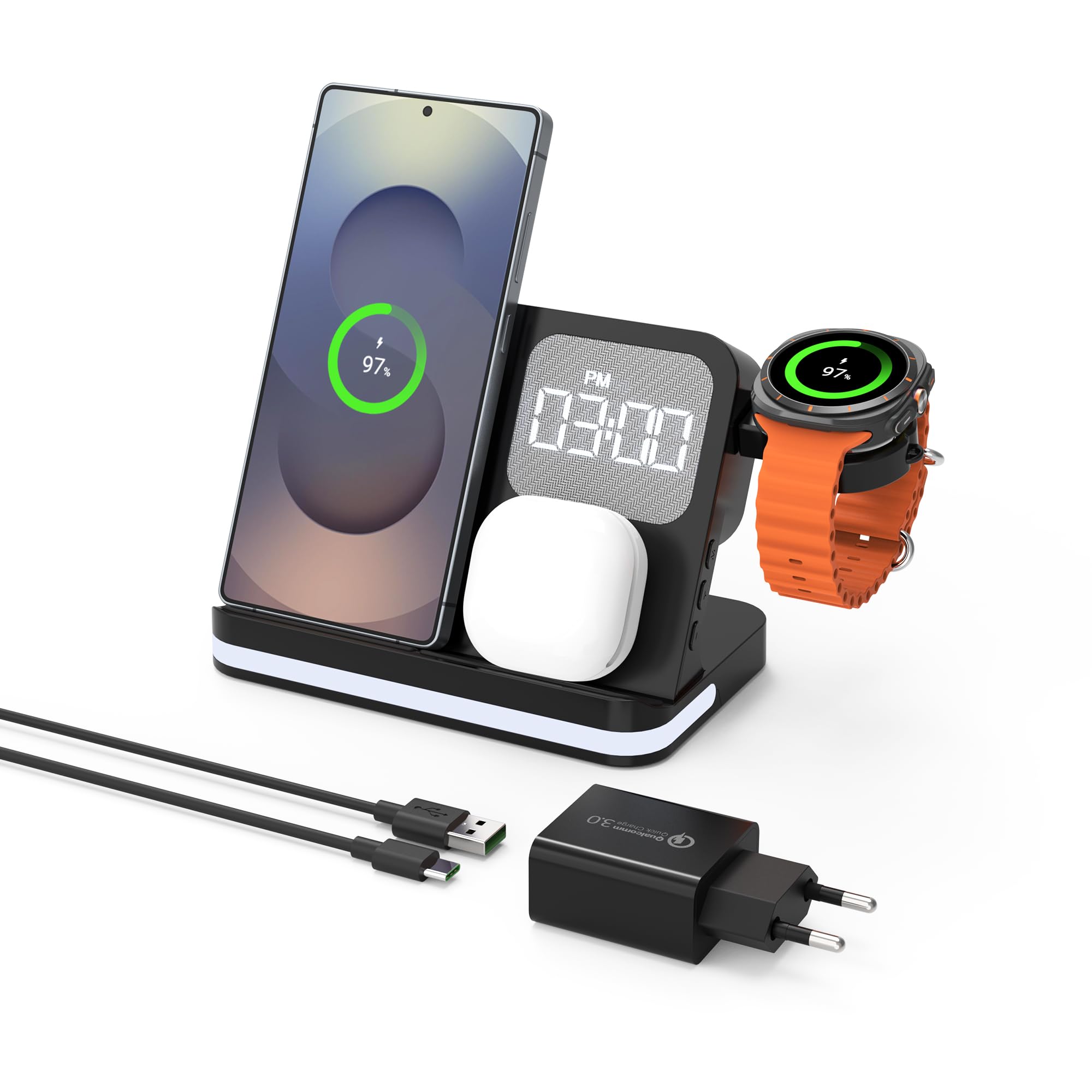 Chargeur Induction 3 en 1 pour Samsung avec Réveil et Veilleuse, Chargeur sans Fil 15W pour Galaxy S25/S24/S23, Galaxy Watch 8/7/6 et Galaxy Buds 4 Pro, Chargeur Rapide pour Samsung avec USB-C