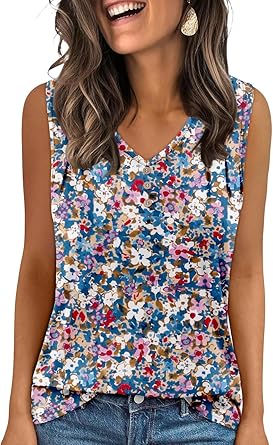 KISSMODA Tank Tops for Women Summer Casual Sleeveless Shirts Dressy Trendy V Neck Tunics Loose Notched Blouses S-3XL