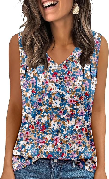 KISSMODA Tank Tops for Women Summer Casual Sleeveless Shirts Dressy Trendy V Neck Tunics Loose Notched Blouses S-3XL