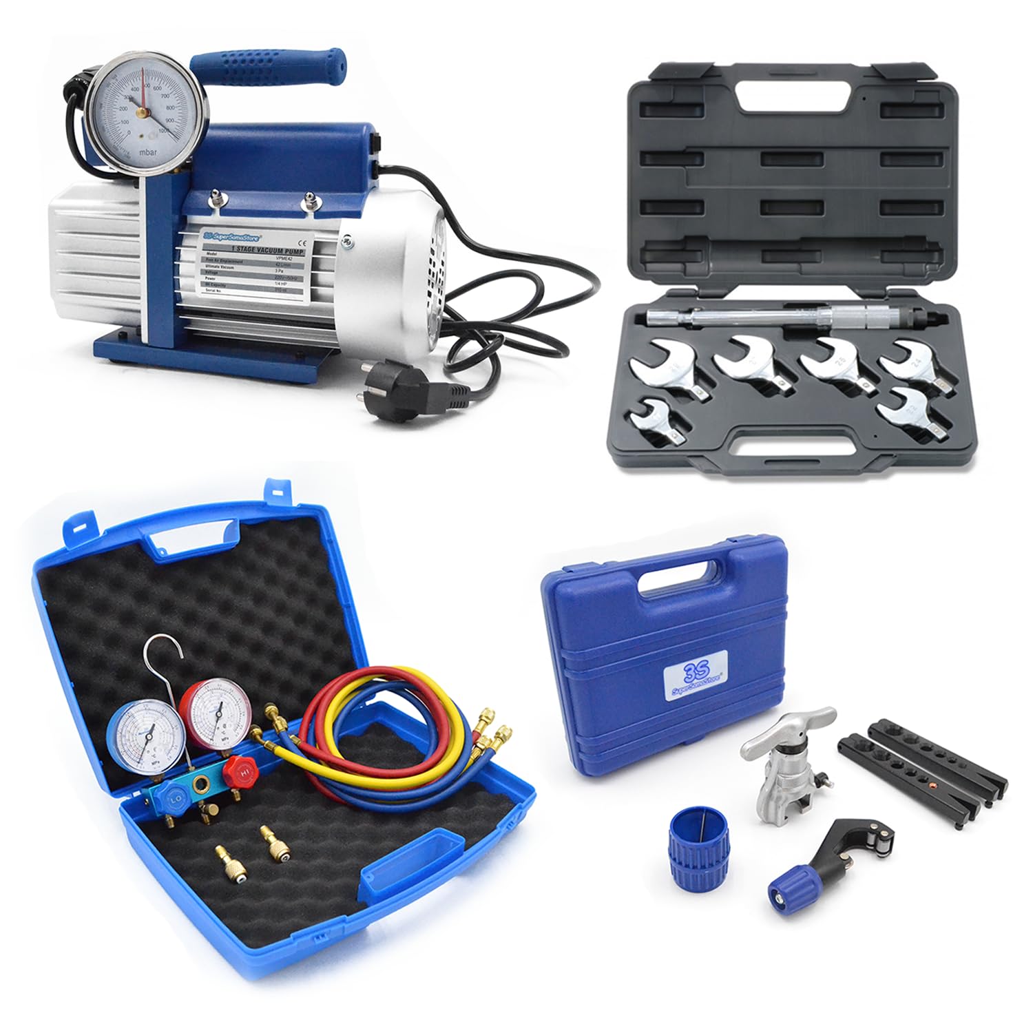 3S SuperSamaStore Kit Professionnel Climatisation, Ensemble d'Outils pour Installateurs CVC et Climatisation, Pompe à Vide 42L, Dudgeonnière, Clé Dynamométrique, Set Manomètres 2 Voies