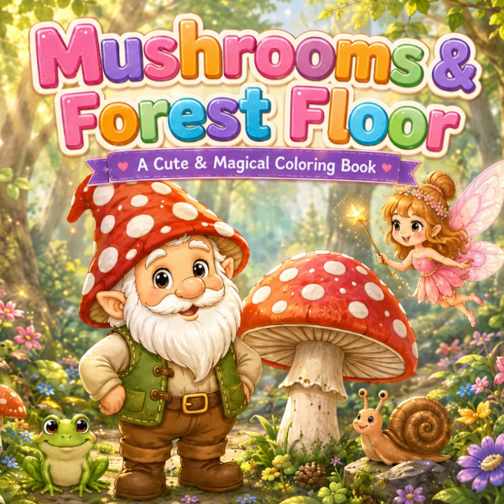 Mushrooms & Forest Floor: A Cute & Magical Coloring Book for Children with Gnomes, Mushrooms, Woodland Animals and Forest Adventures