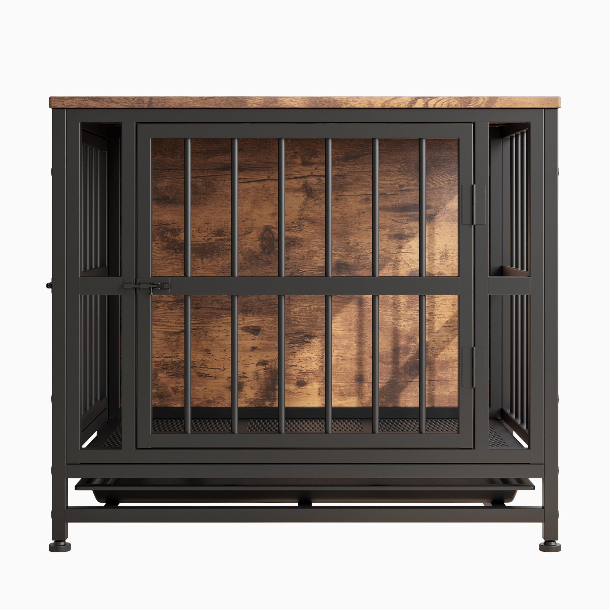Gabbia per cani in legno robusto con 2 porte, vassoio rimovibile, tavolino resistente alla masticazione, marrone rustico 70 cm