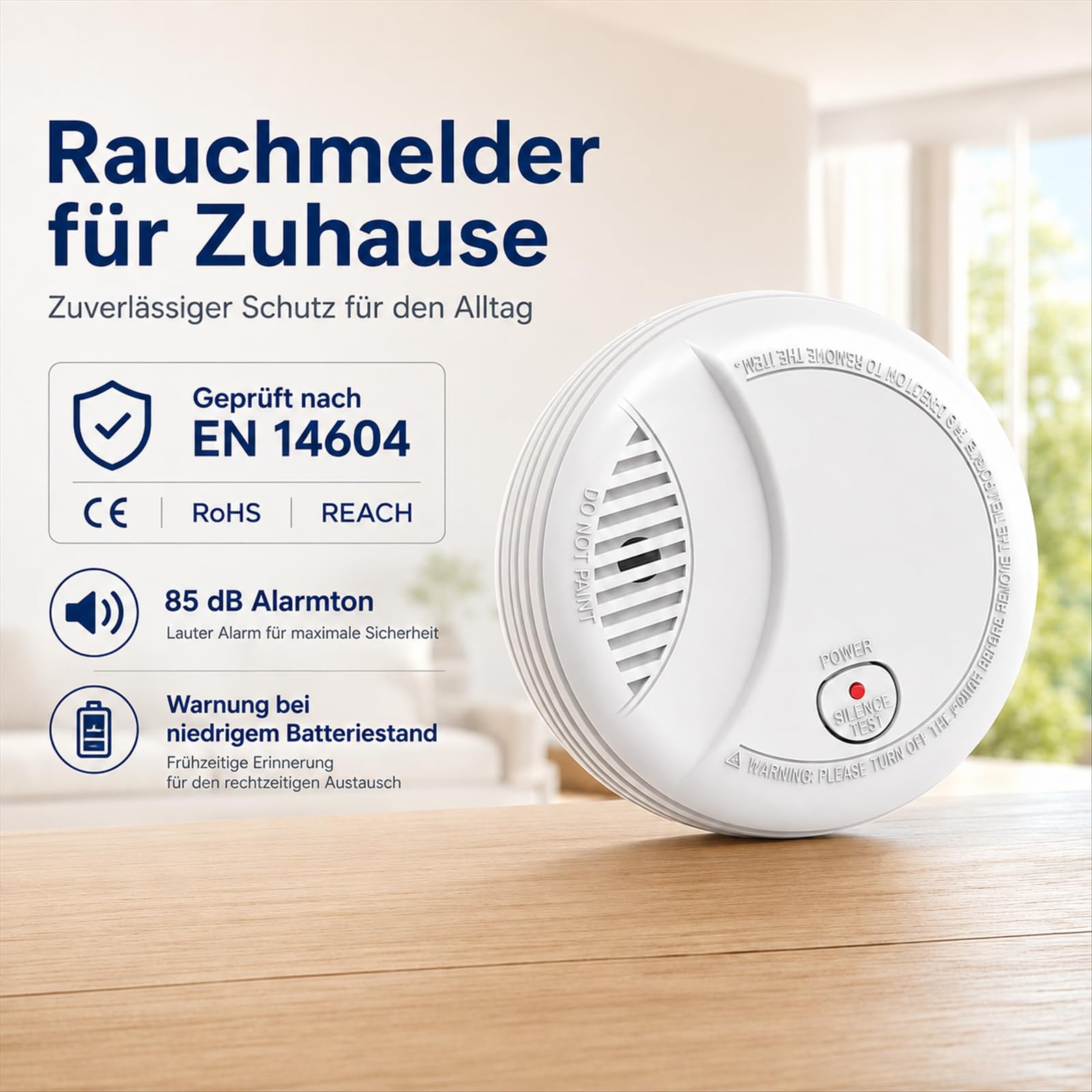 Rauchmelder 10 Jahre mit 9V Wechselbatterie – Feuermelder mit Stumm- und Testfunktion, Alarm bei niedrigem Batteriestand, Zertifiziert nach EN14604,6 Stück