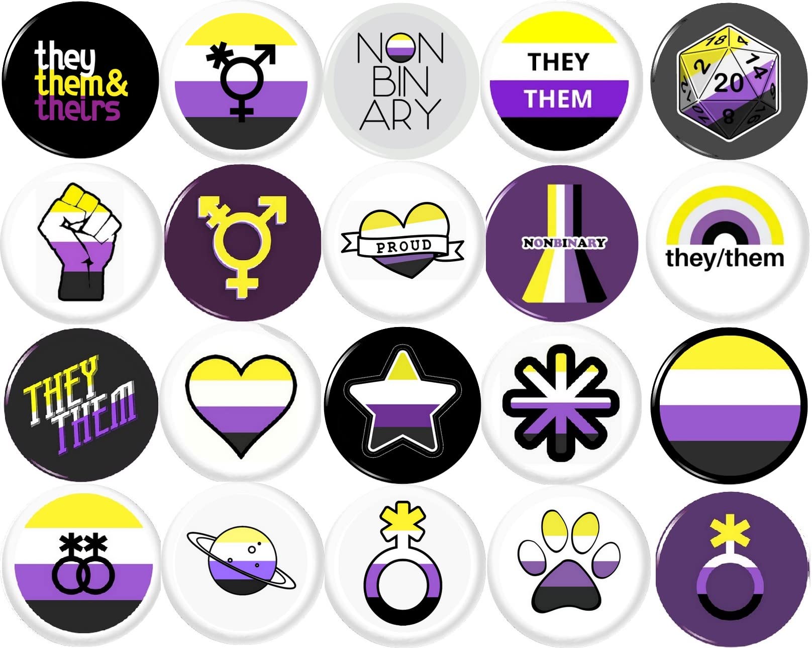 GenericNON BINARY x 20 NEW 1" inch (25mm) set of button pins badge NONBINARY THEY THEM PRONOUNS gay lesbian trans support protect …