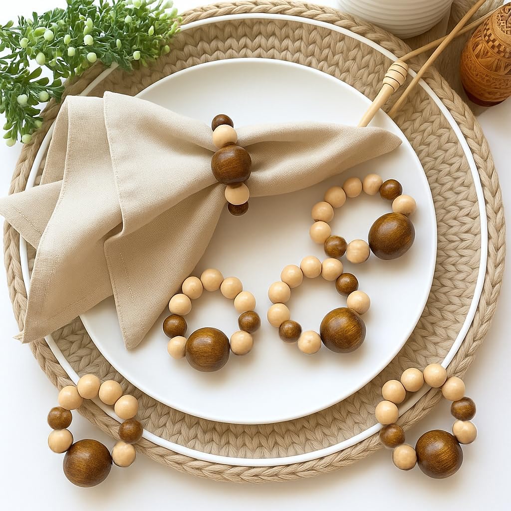 Napkin Rings Set of 6 - Modern Napkin Holder Rings with Wooden Beads | Dinner Napkin Ring for Holiday & Christmas, Birthday Party, & Wedding Decor - Farmhouse Napkin Rings Bulk (Loggi)