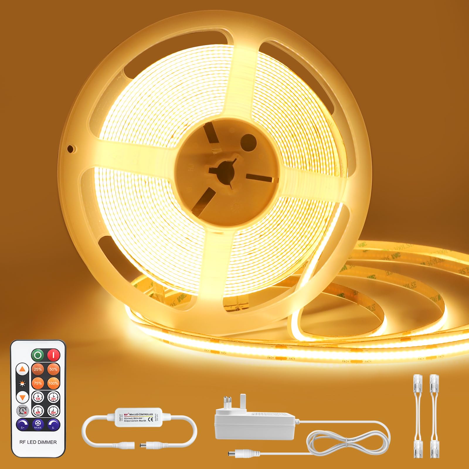 COB LED Strip Light Warm White 10M, LED Tape Lights 24V IP44 Waterproof, Dimmable LED Strip Kit with Timer, Flexible LED Lights with RF Remote and Power Supply for Bedroom TV Kitchen DIY Decoration