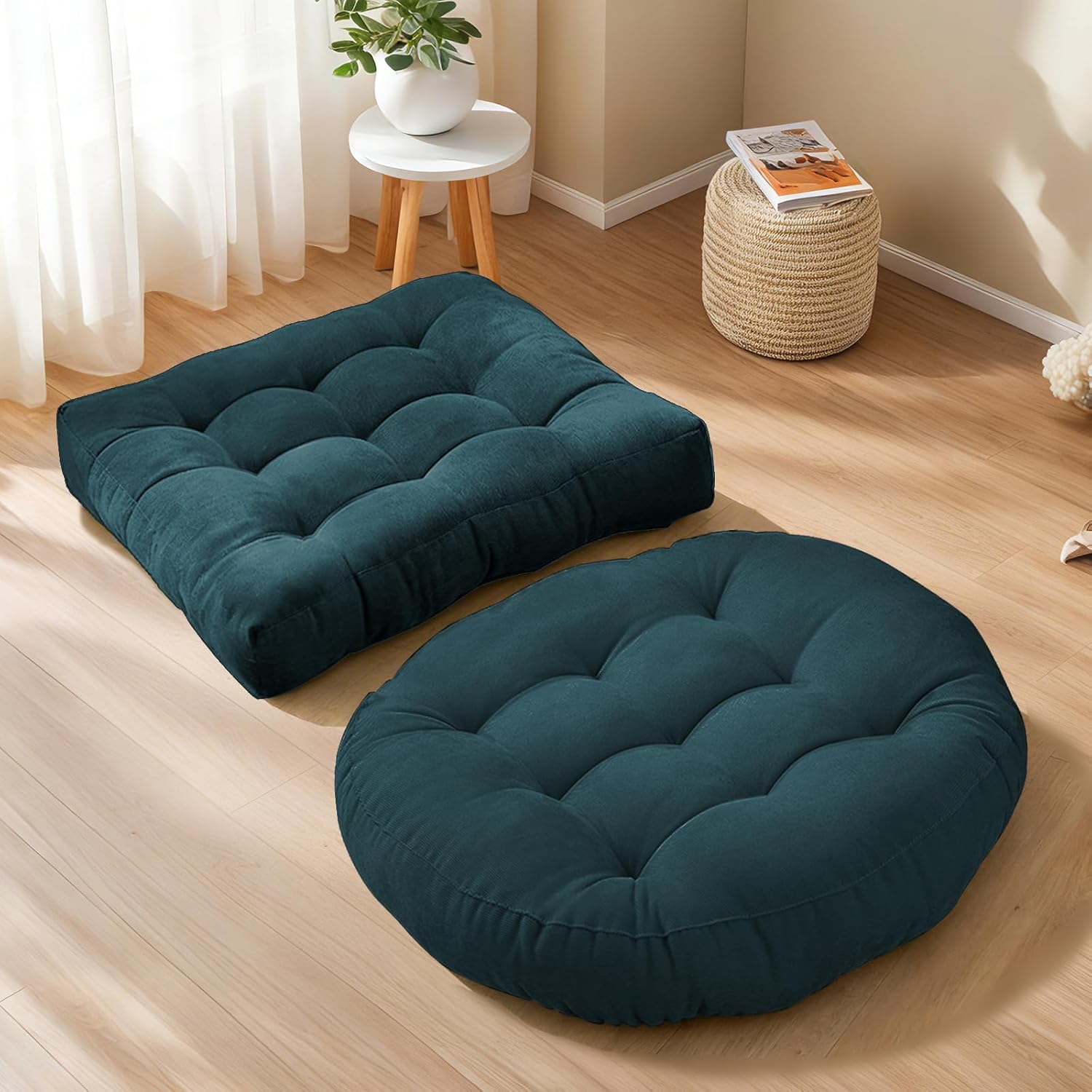 Floor Cushion Pillow Set of 2 Large Round and Square Floor Pillows for Adults Meditation Cushion Pillow Wine Red Tufted Corduroy Cushions for Living Room Outdoor Yoga Tatami Fireplace,20x20 Inch