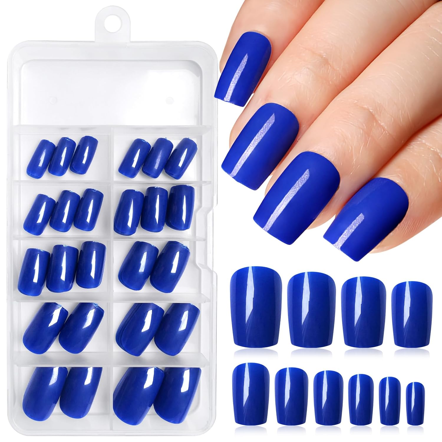 LuckForever 120pc Medium Press on Nails Square Fake Nail Tips, Blue Square Press on