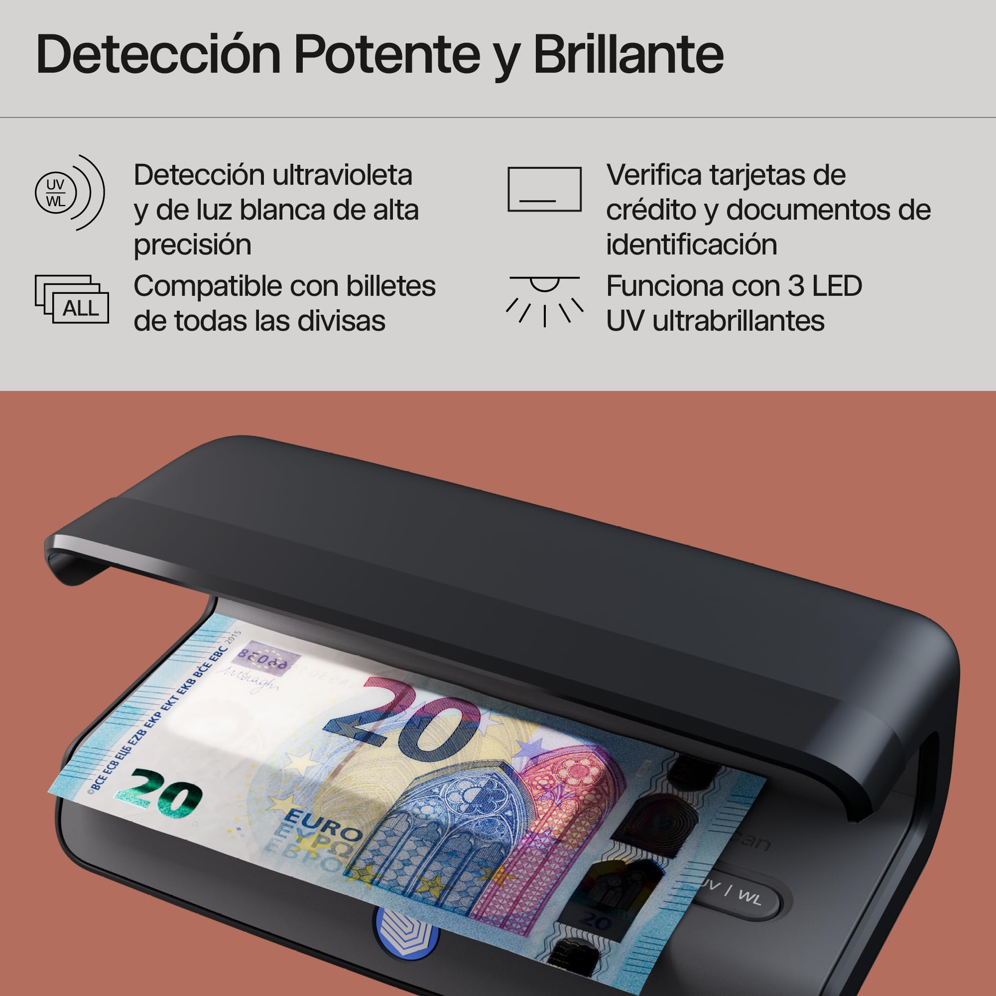 Safescan 75 LED Detector de billetes falsos UV blanco triple detección