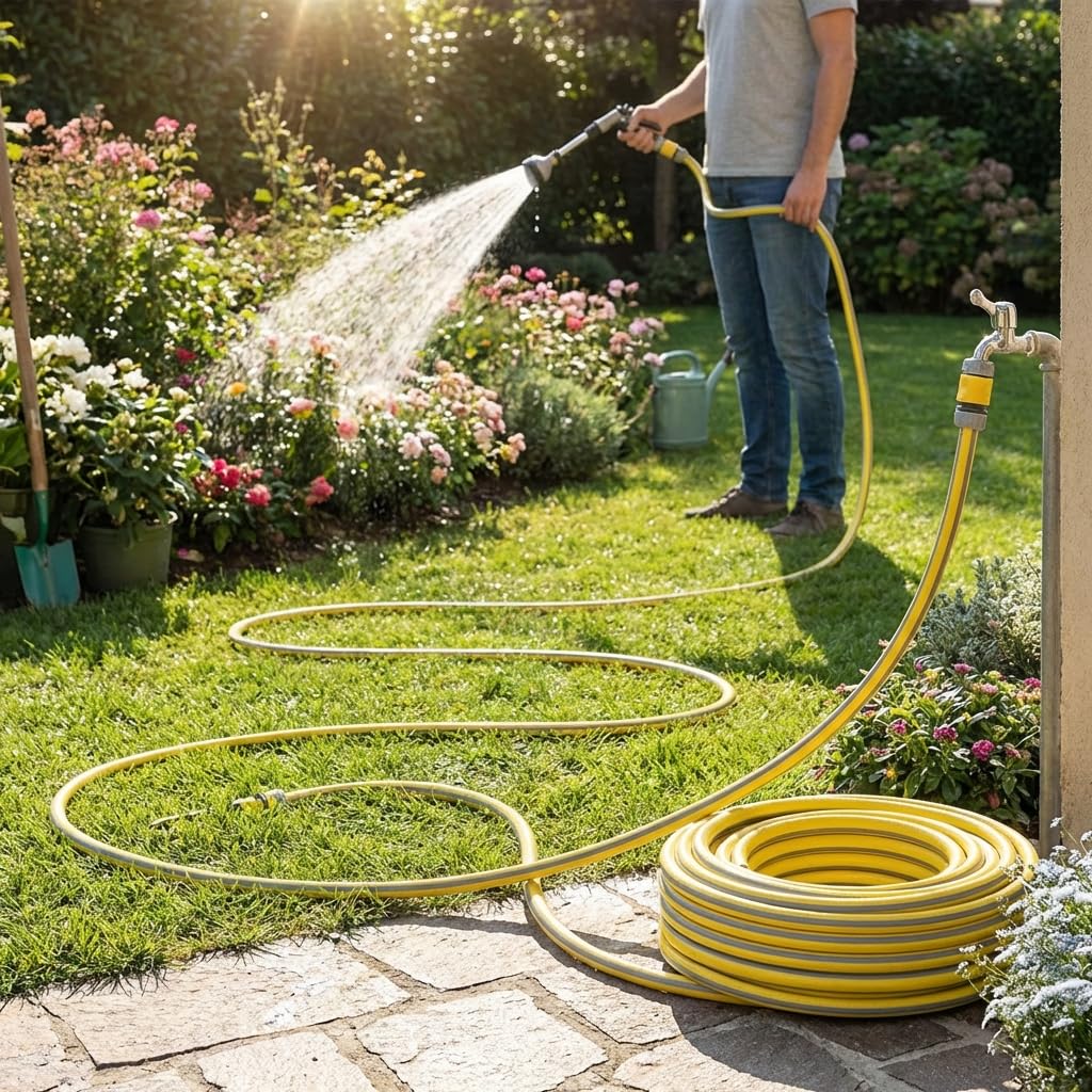 MAKA Tubo Acqua Giardino 3/4 Pollice 50 metri 6 Strati 19mm Pressione 40 Bar Flessibile con Doppio Rinforzo Tessile Retinato Magliato Antitorsione Resiste a Caldo Gelo UV 4 Stagioni Riciclabile (50)