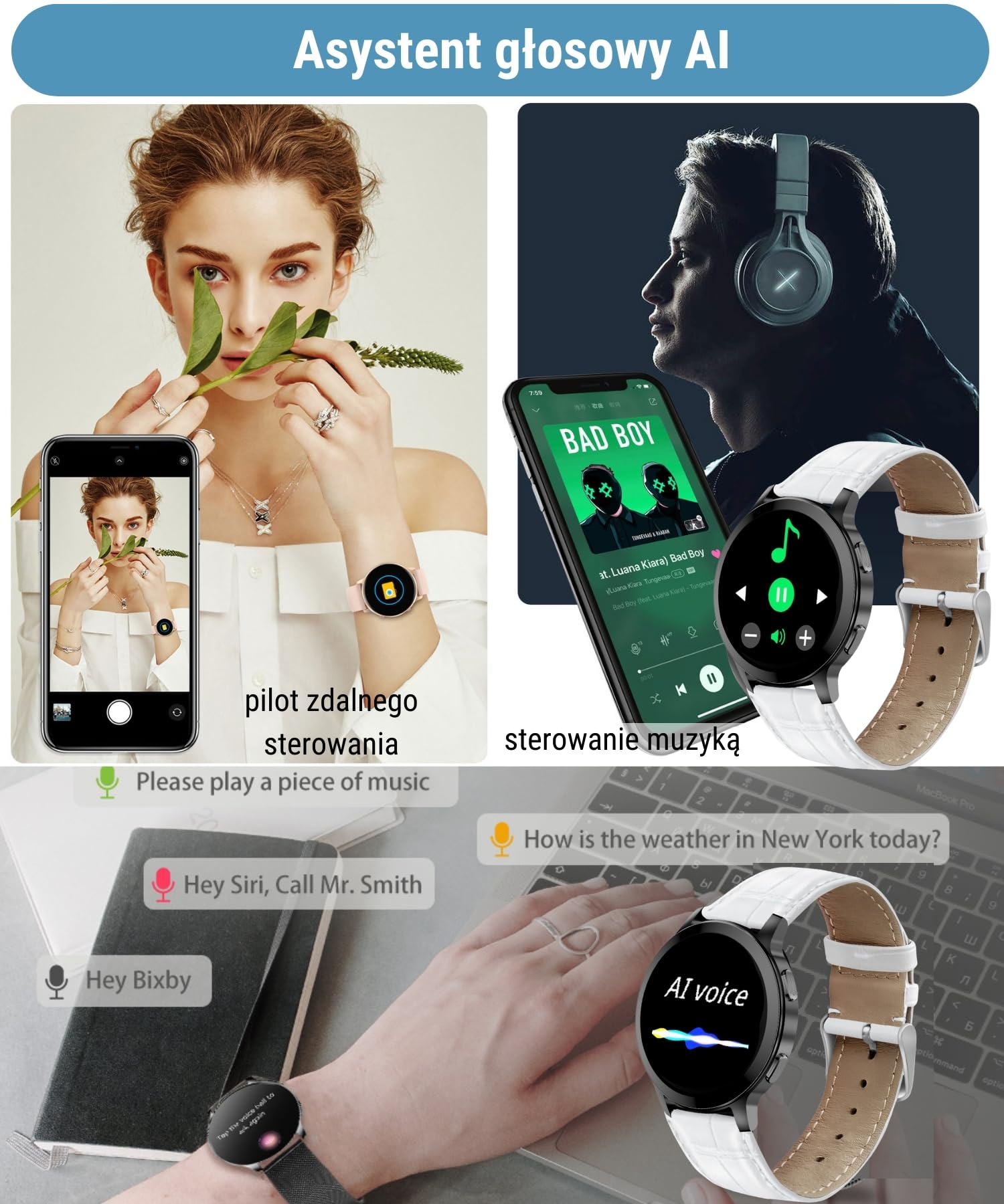 Smartwatch damski z funkcją telefonu, 1,5" zegarek fitness na rękę, zegarek sportowy z pulsometrem, sterowanie muzyką, krokomierzem, kalorii, wodoszczelny tracker fitness (Z-biały/skóra, 1.5")