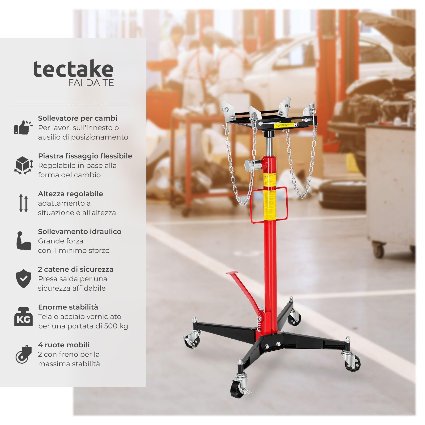 tectake® Sollevatore Idraulico per Motore, Sollevatore Cambio Auto, Carrello Officina Idraulico, Martinetto da Fossa, Supporto Regolabile, Ruote con Freno, Utensile Officina, 500 Kg, 38 Kg - Rosso