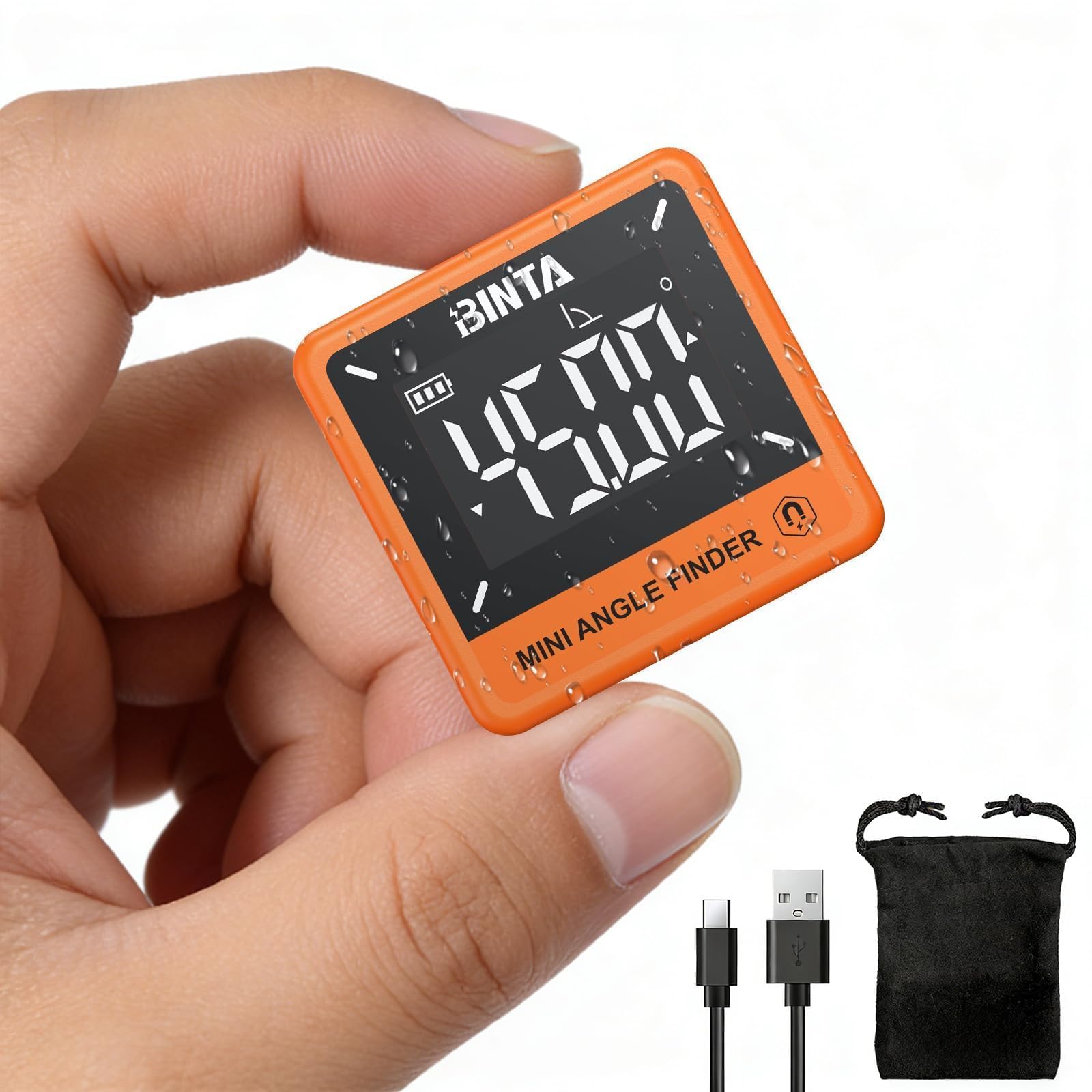 BINTA Inclinomètre Numérique Mini 4 x 90° ±0,2°, Mesureur d’Angle Digital 0,05° Résolution, Base Magnétique Rechargeable USB Type-C IP54, Mesure Relative/Absolue, pour Menuiserie et Chantier