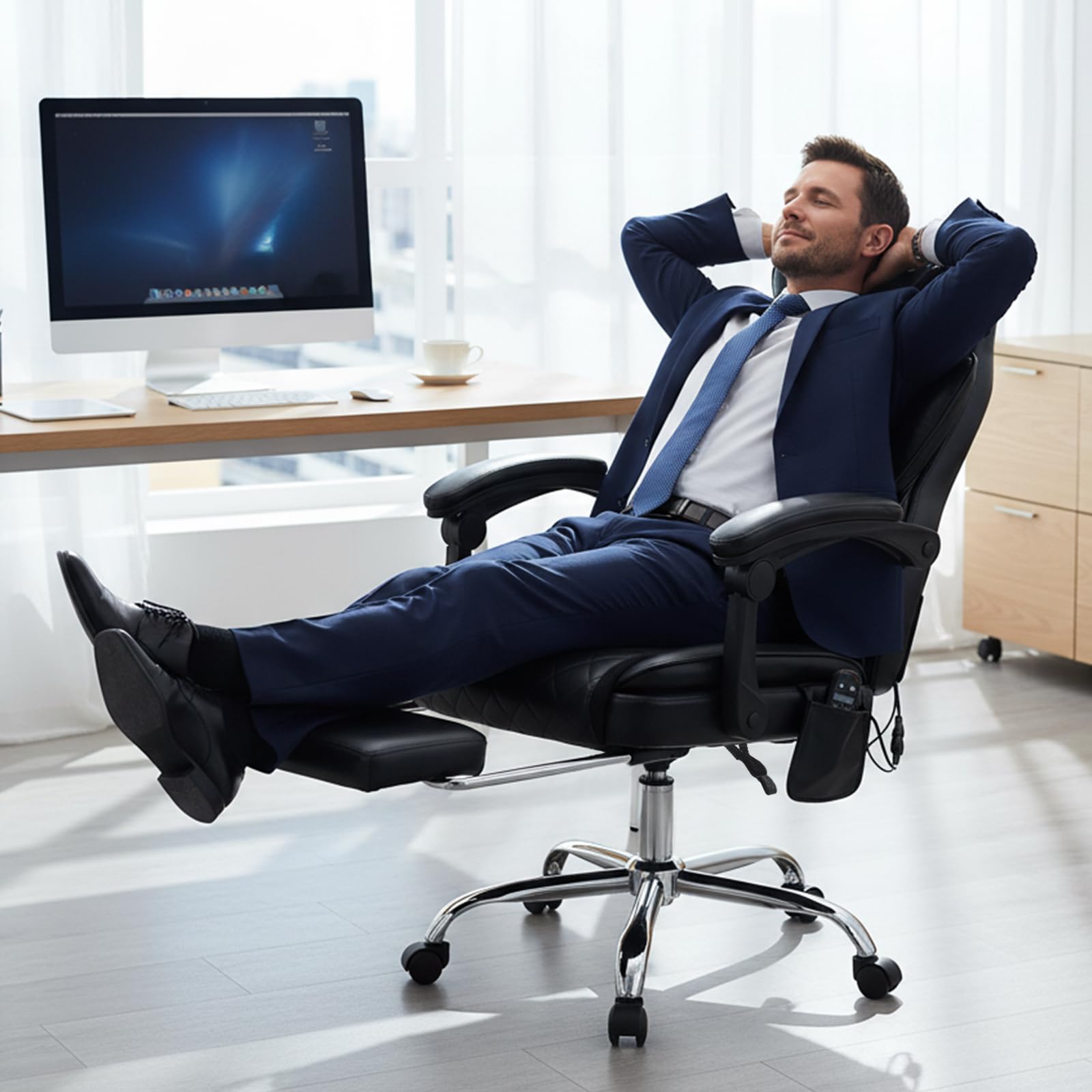 COLAMY Bürostuhl Ergonomisch mit Massagefunktion, Ergonomischer Schreibtischstuhl mit Heizfunktion, Chefsessel mit Fußstütze, 360° Drehstuhl, 94-125° Verstellbarer Rückenlehne, für Office, Schwarz