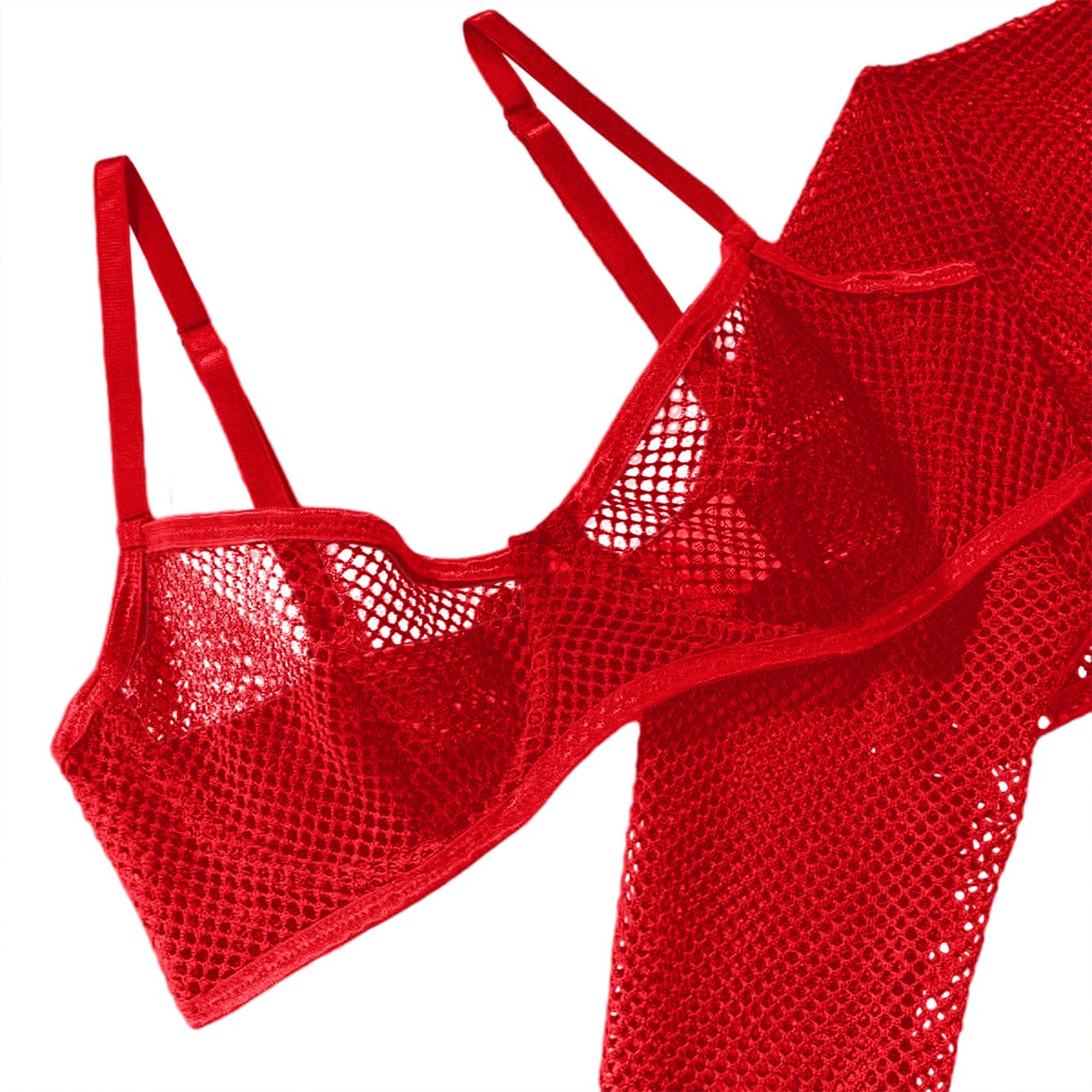 Lilosy Sexy Fishnet Sheer Underwire Rave Outfits Top Bra Panty 3 Piece Lingerie Set: Small Red