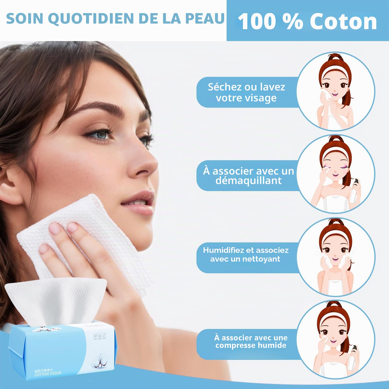 Lot de 4 paquets de 100 lingettes sèches en coton jetables pour le visage en profondeur, multi-usages pour les soins de la peau et le maquillage