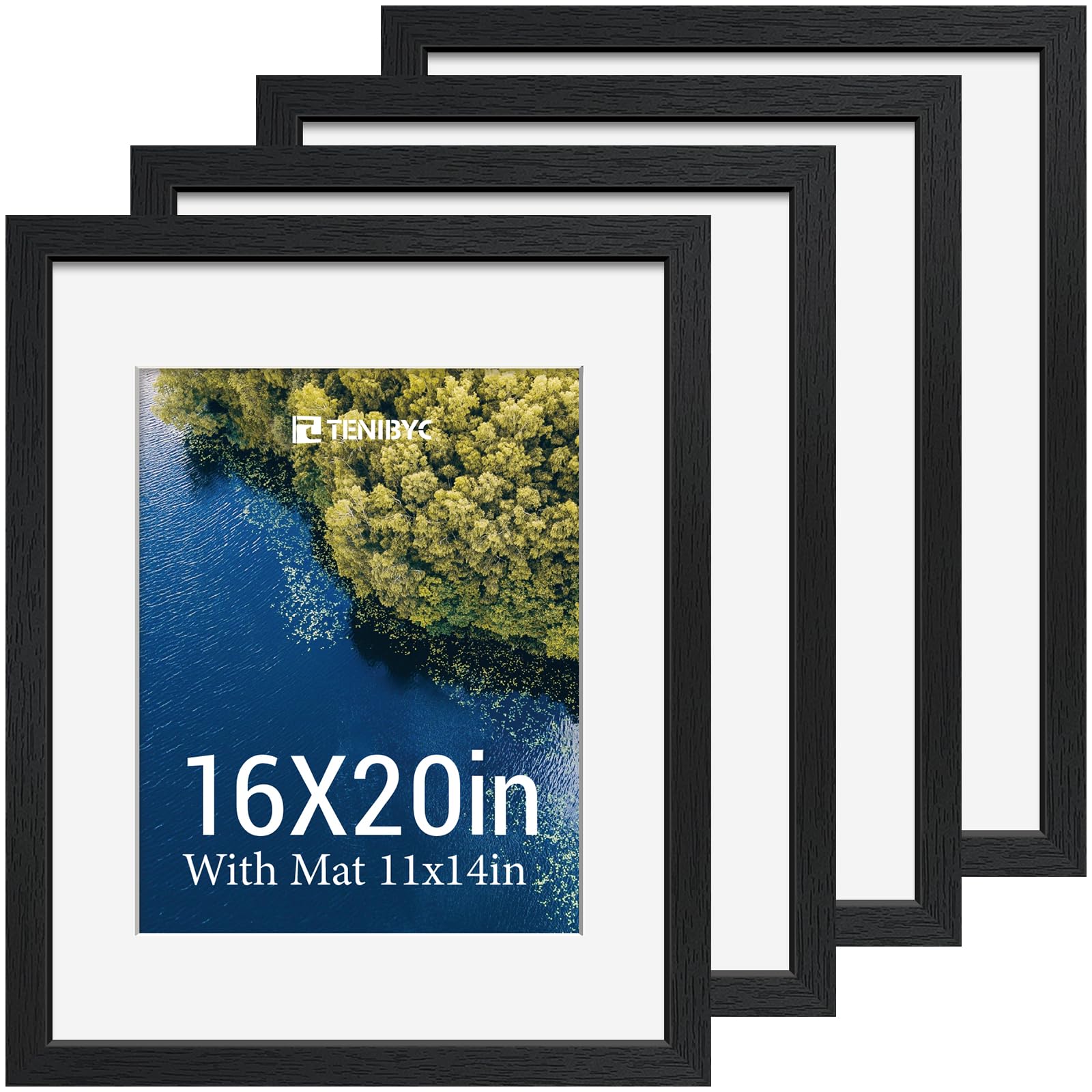 Photo 1 of 16x20 Picture Frame Set - 4 Pack, Black Wood Photo Frames - Tempered Glass - Displays Photos 11x14 with Mat or 16 x 20 without - Room, Office, Gallery, Studio, and Hallway Decor - Wall Hanging