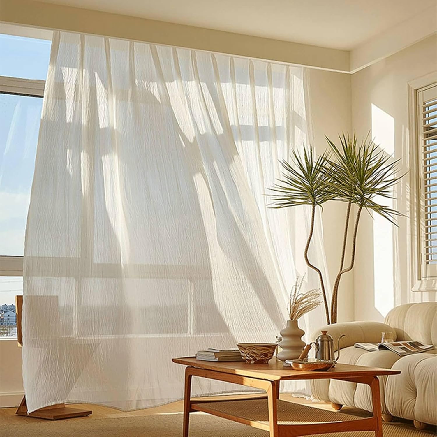Window Curtains Living Room, Polyester Semi Transparent Pleat Textured Sheer Curtain Solid Color, Cream-Hook, 52W x 84H inch