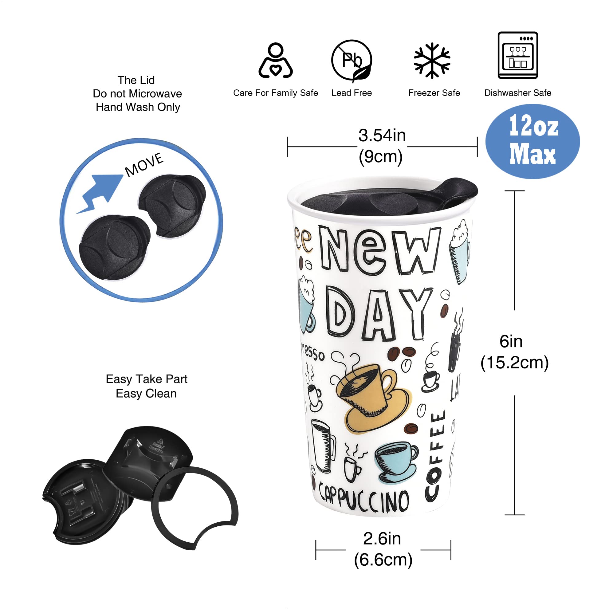 Ceramic Travel Coffee Mug, 12 oz, Portable, Travel Mug with Lid, Double Wall Tall Cup - Image 2