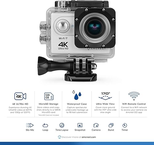 Miniatura 2 de Amcrest Cámara de acción GO 4K de 60 fps, Elite 16MP60fps cámara subacuática impermeable con gran angular de 170, cámara deportiva WiFi con control