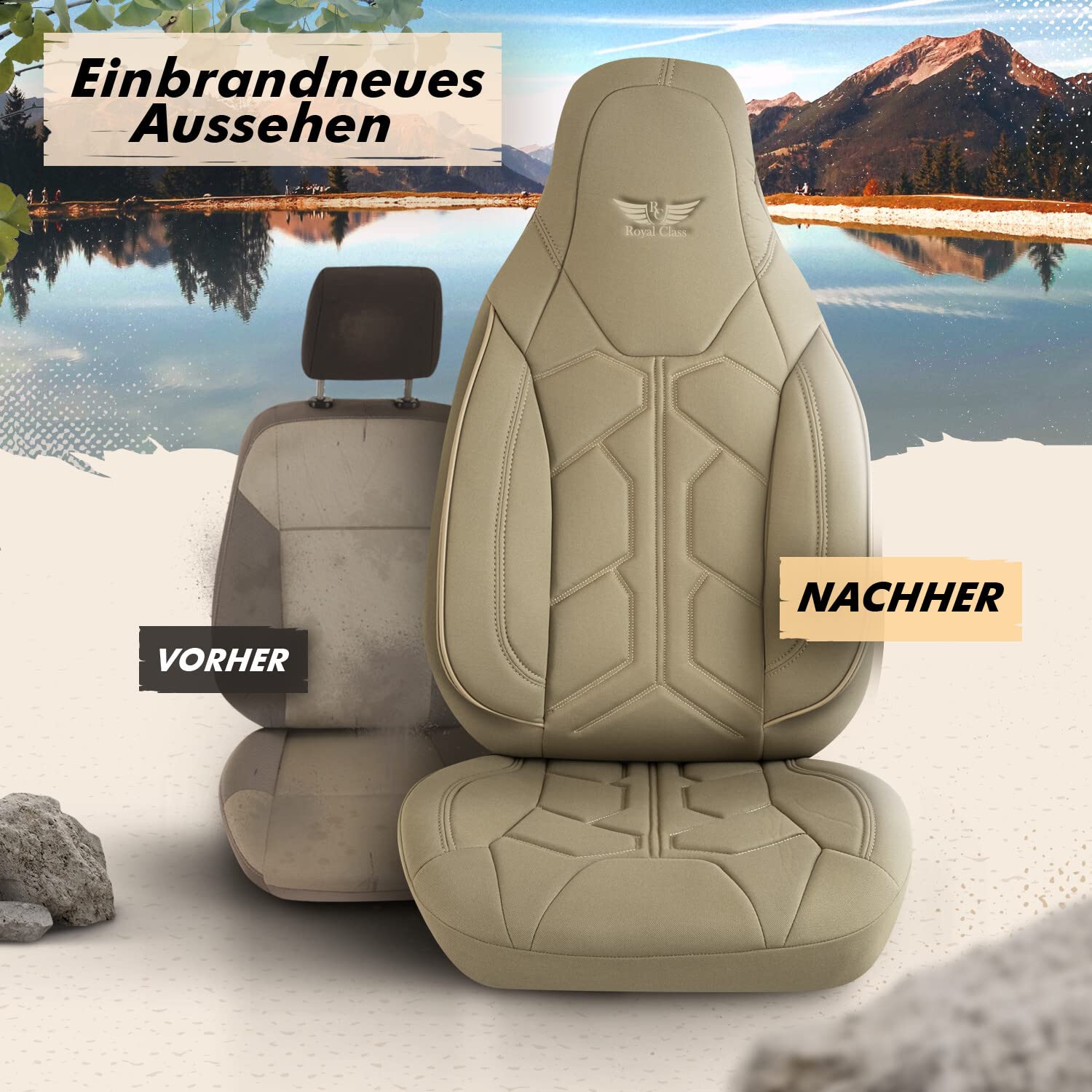 RC Royal Class Auto Sitzbezüge für Pilot Vordersitze Fahrer und Beifahrer kompatibel für Knaus Wohnmobil Caravan in Beige Pilot 2.3 das Sitzbezugsset Auto Zubehör Innenraum