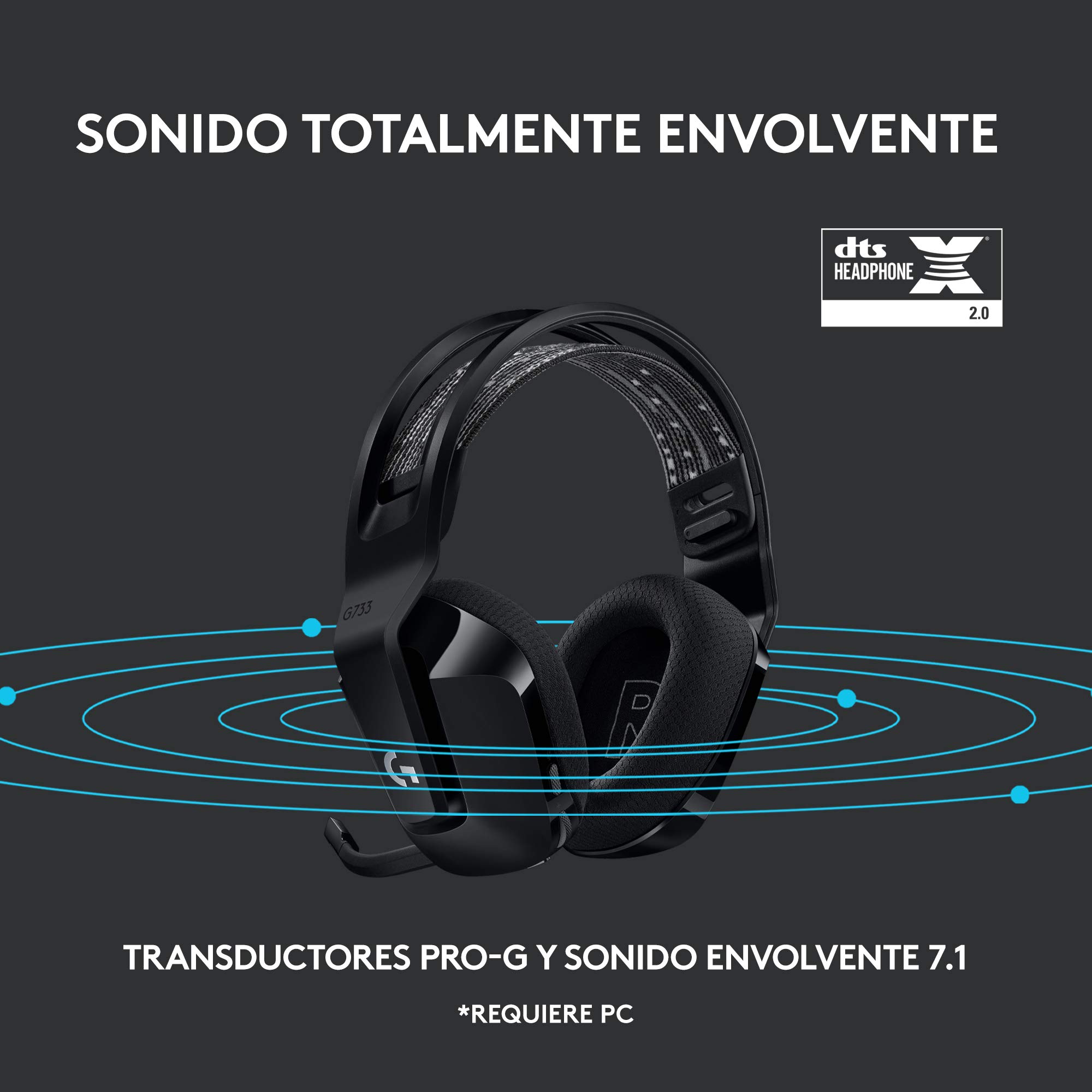 Logitech G733 Lightspeed Auriculares con Micrófono Inalámbricos para Gaming con Diadema con Suspensión, LIGHTSYNC RGB, Tecnología de Micrófono Blue Vo!CE, Ligeros, 29h de batería,PS4, PS5, PC - Negro
