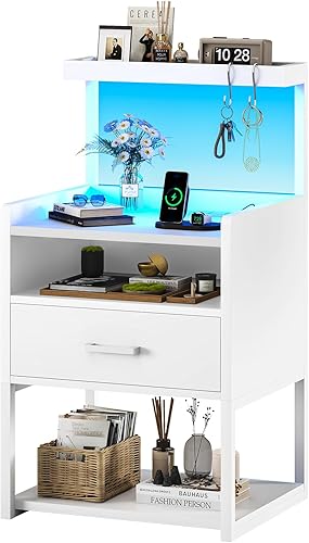 Miniatura 10 de AOGLLATI Juego de 2 mesitas de noche con estación de carga, juego de 2 mesitas de noche blancas para dormitorio, mesita de noche con cajón de