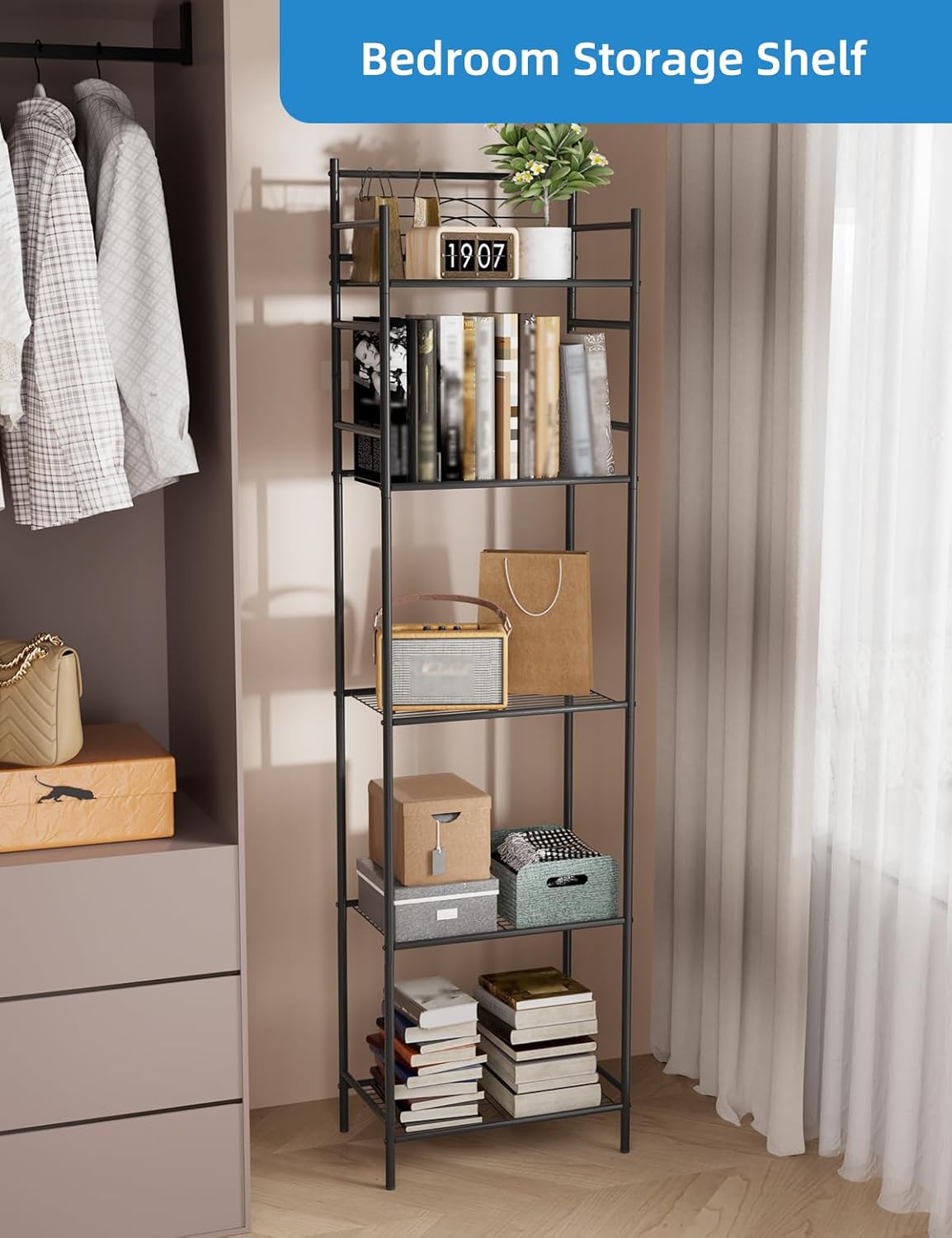 LEEDA 5-Tier Metal Shelving Unit, Sturdy Bathroom Storage Shelf & Free Standing Towel Rack with Adjustable Feet, Open Floor Shelves for Small Space in Bathroom, Kitchen, Office, Black