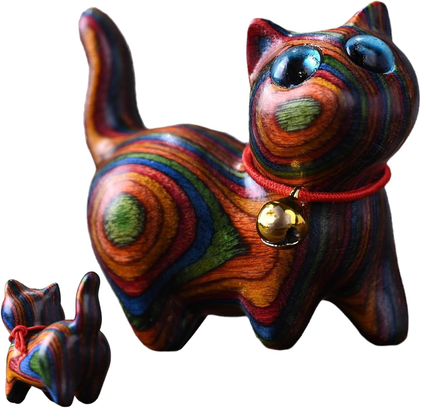 Wooden Cat Figurine – Hand-Carved Rainbow Cat Statue, Natural Wood Sculpture | Perfect for Bookcase Bedroom Living Room Table Display, Cute Modern Minimalist Home Decor Ornament Gift for Friends