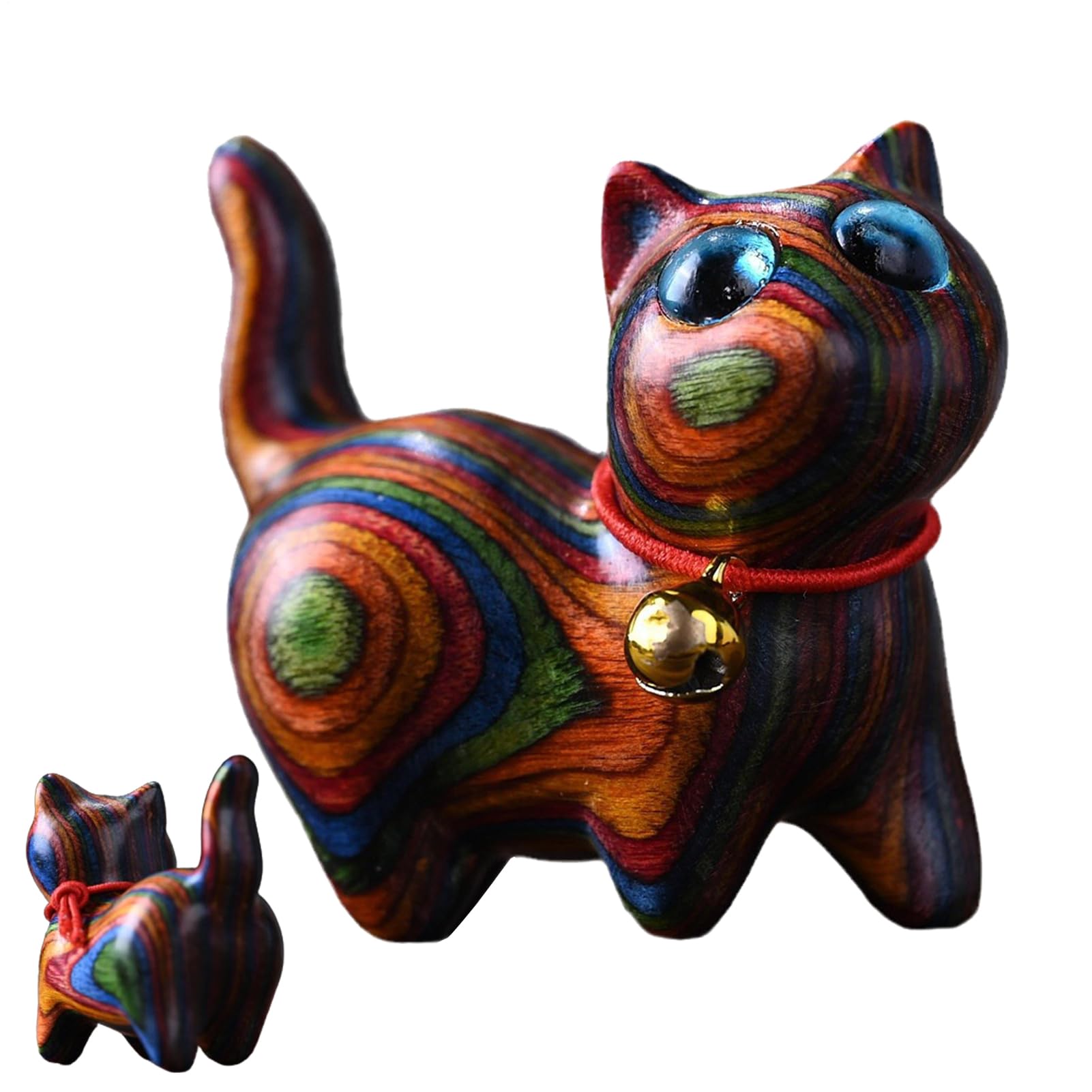 Wooden Cat Figurine – Hand-Carved Rainbow Cat Statue, Natural Wood Sculpture | Perfect for Bookcase Bedroom Living Room Table Display, Cute Modern Minimalist Home Decor Ornament Gift for Friends