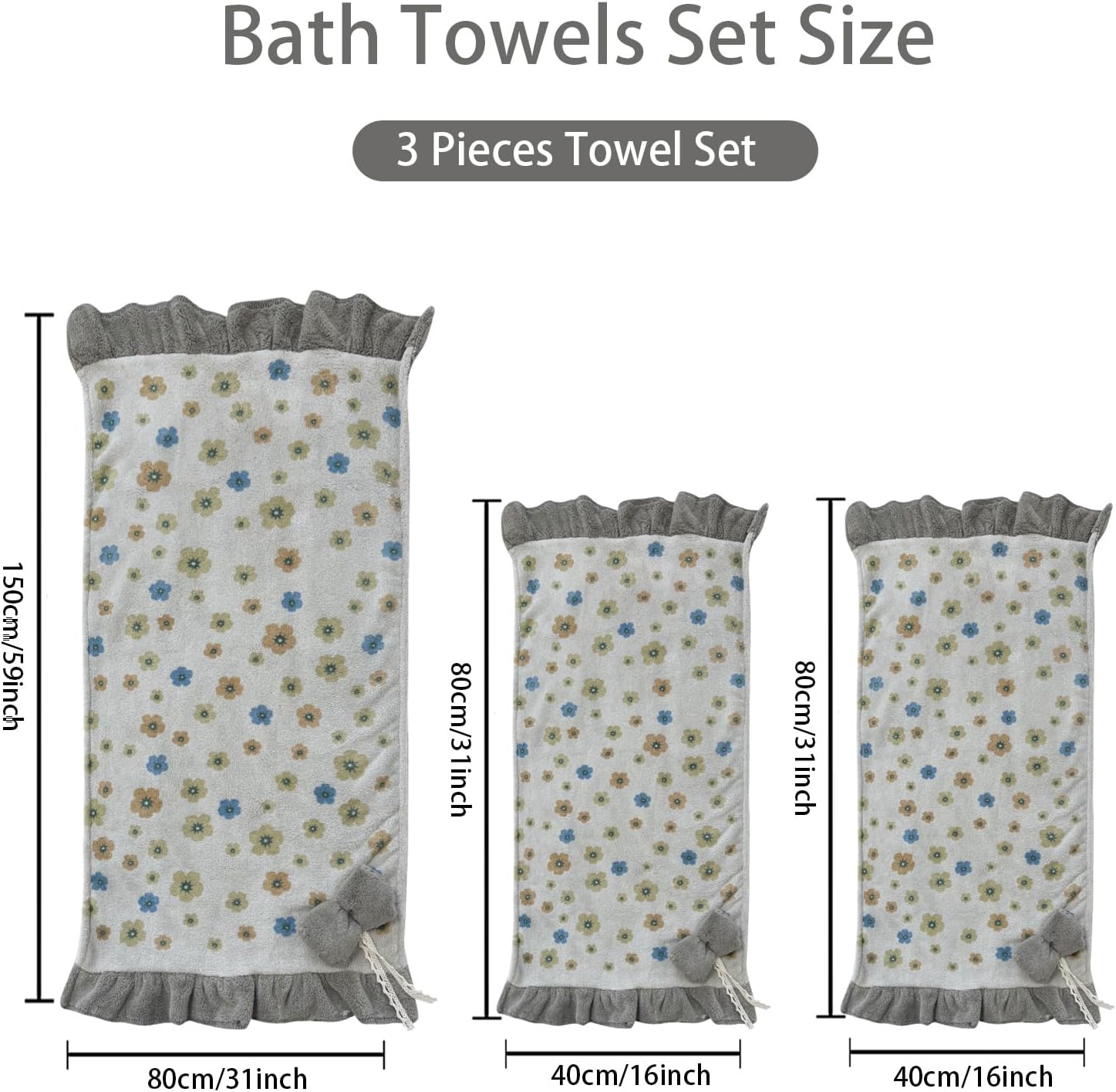Bath Towels Set 3Pcs Cute Flower Hand Towels Soft Coral Velvet Towels Set Highly Absorbent & Quick Drying Washcloth Set for Bathroom Spa Girls Boys (Grey)