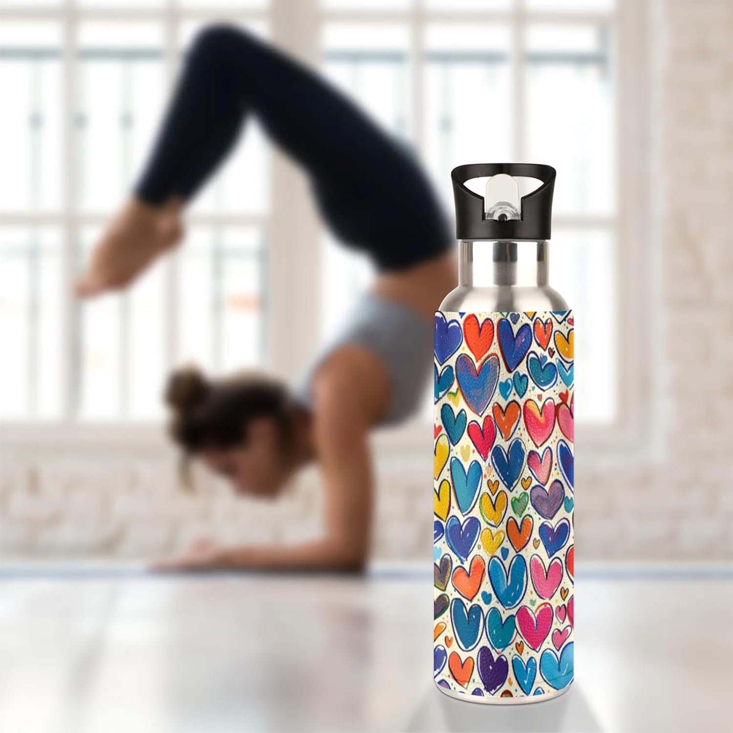 Sport Water Bottles, Insulated Water Bottle for Men Women, 600ml (20oz) Stainless Steel Gym Water Bottle, Kids Cups With Straws and Lids Leak Proof Thermos for Drinks Colorful Heart Shape