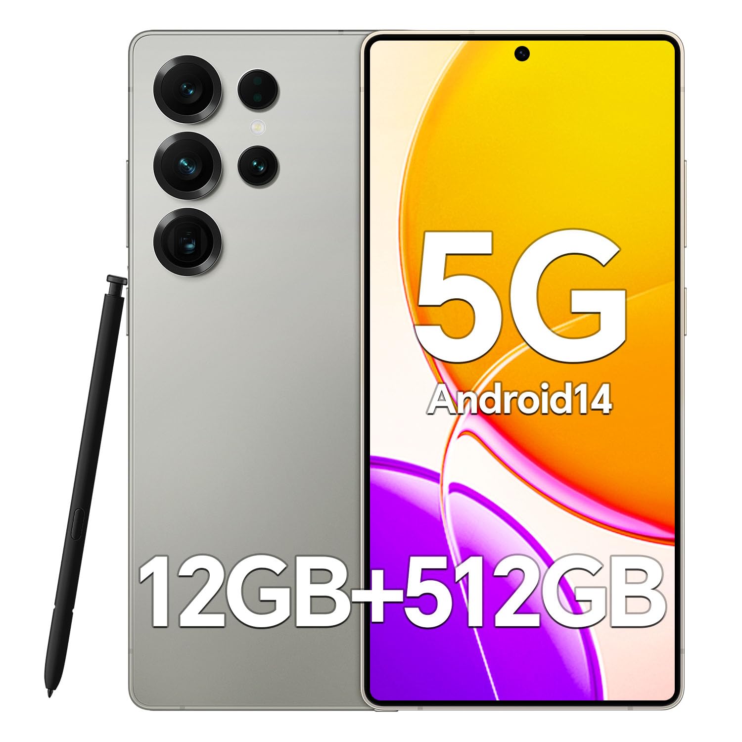 Unlocked Phones F25 Ultra, 12GB + 512GB, 5G Android 14 Phone, 6.9" OLED Display, 108MP+48MP Camera, Large Battery 5000mAh, Built-in Pen, Face ID, GPS, Dual SIM Smartphone (Grey)