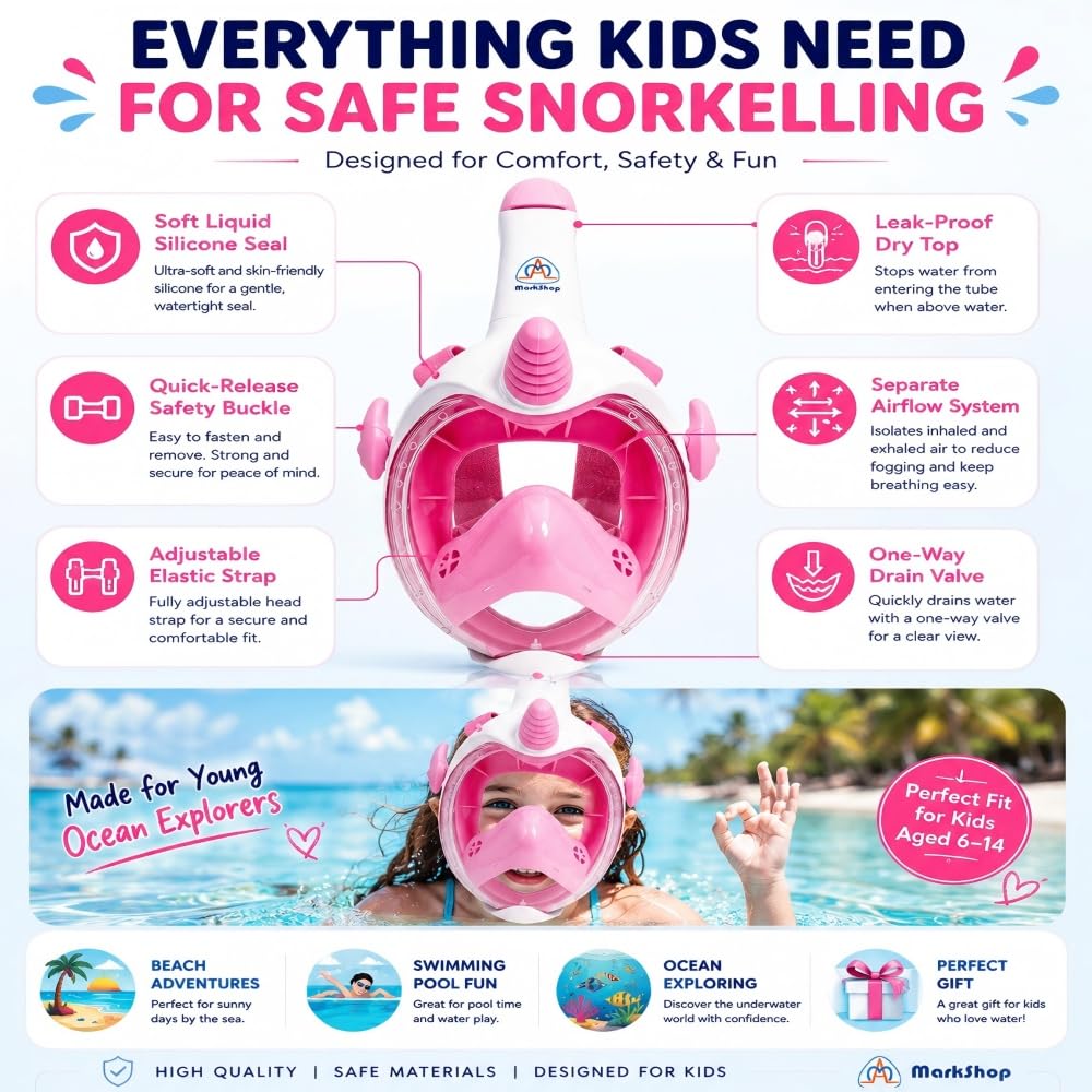 Maschera da snorkeling per bambini, set completo con boccaglio a forma di unicorno, con vista panoramica a 180°, anti-appannamento, anti-perdite, idea regalo per ragazzi e ragazze