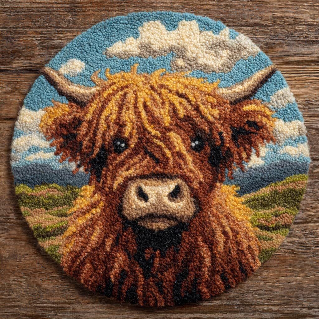 AMBATTERY Round DIY Latch Hook Rug Kits,Highland Cattle