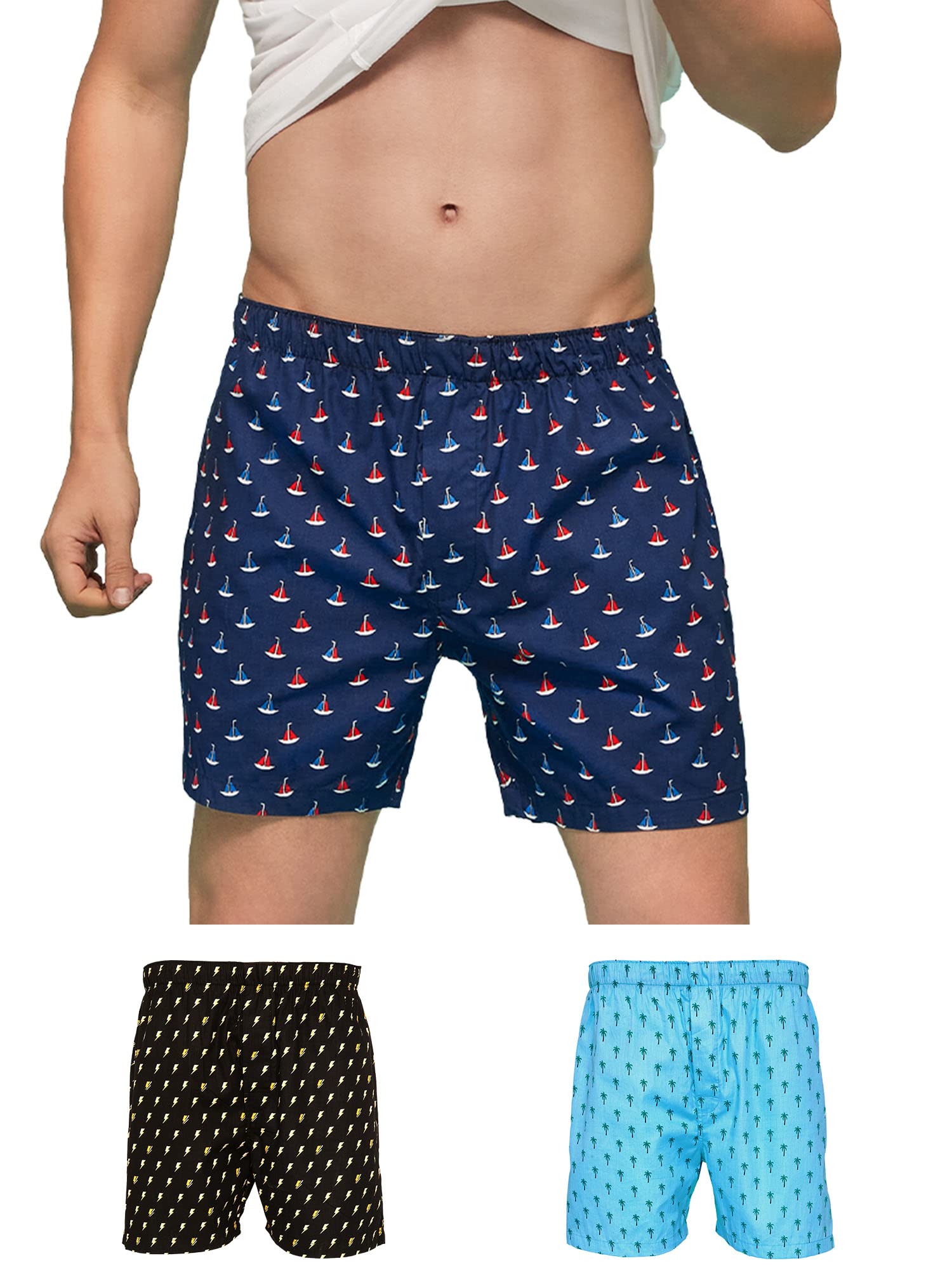 XYXX Men's Super Combed Cotton Remix Printed Boxers Pack of 3 (S; Shell Boat+Palm Tree+Thunder Bolt)
